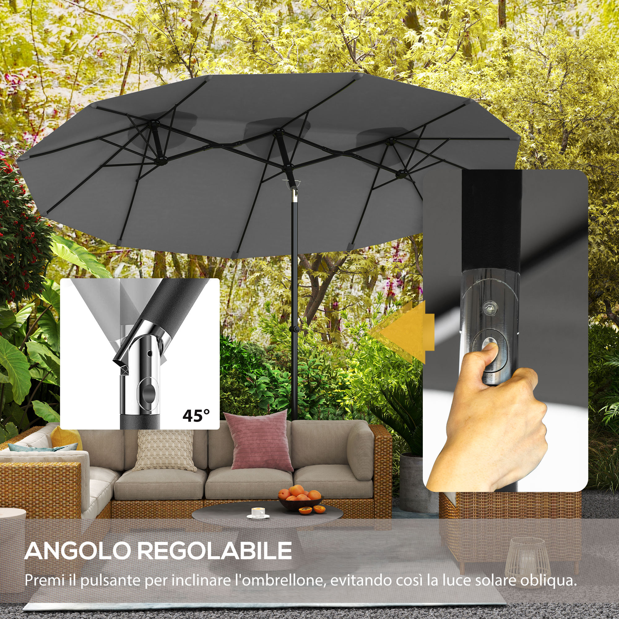 Ombrellone da esterno grigio ad angolo regolabile su mobili da giardino.