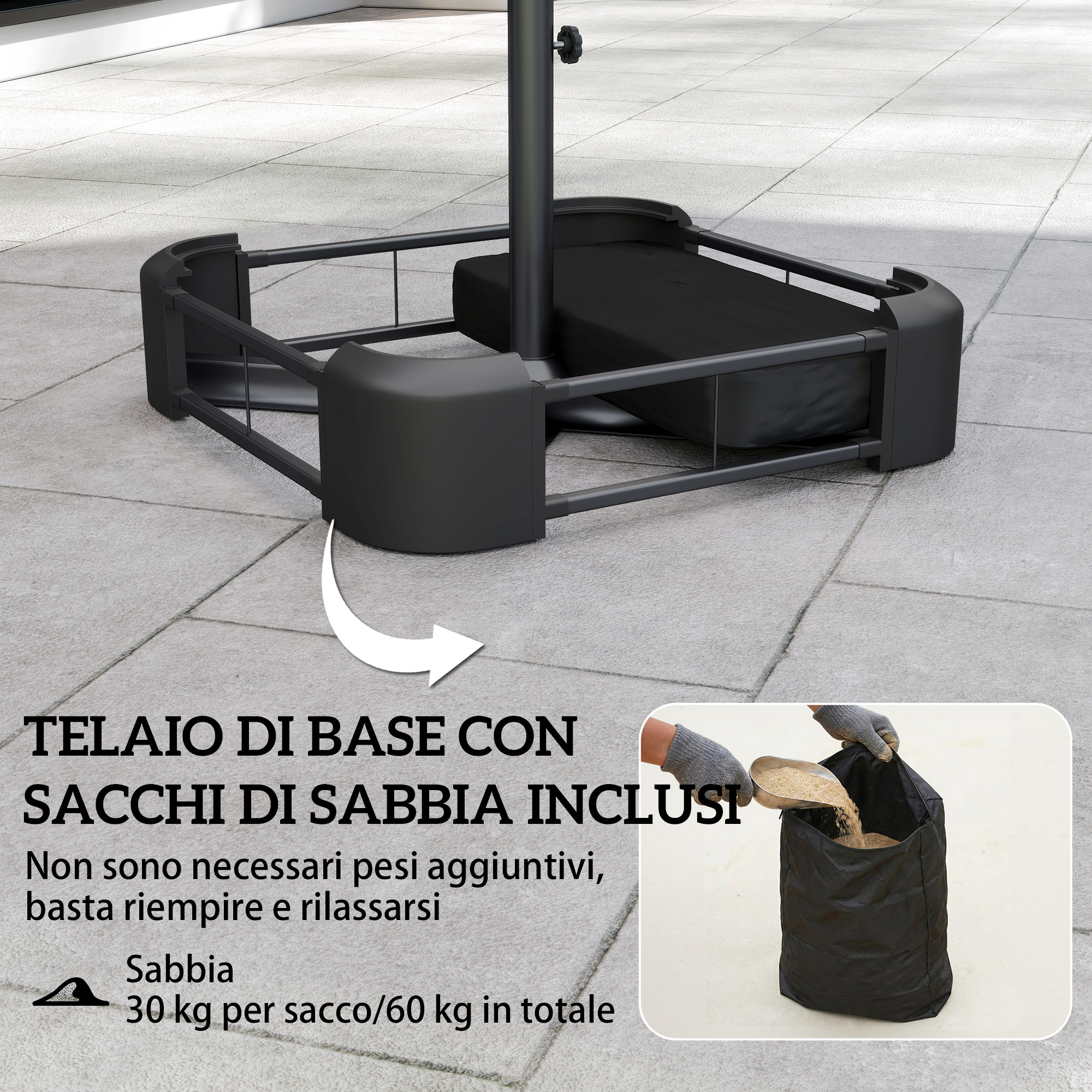 Telaio base nero con sacchi di sabbia, pronto per l'uso.