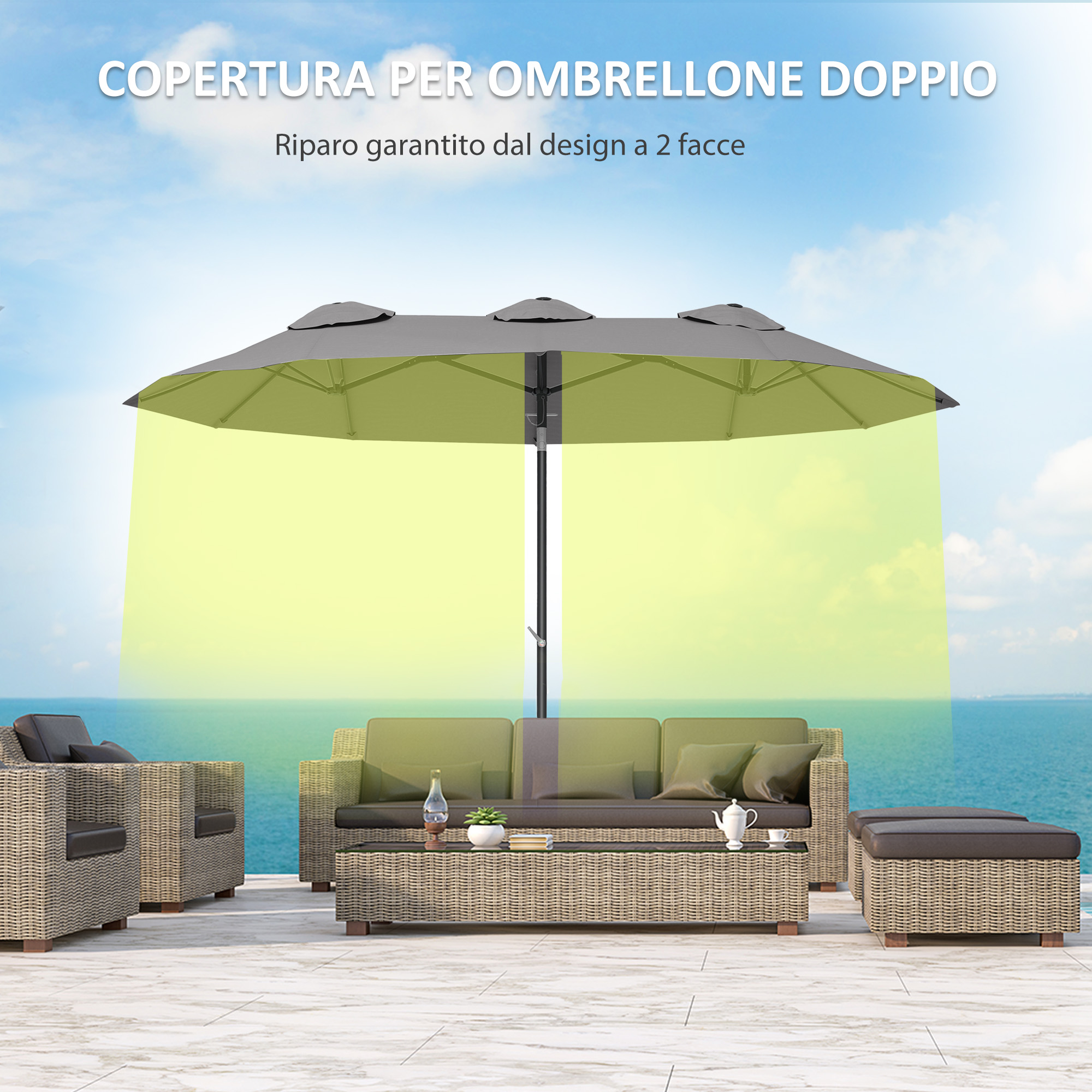 Doppio ombrellone su divano e tavolo in rattan sul mare.