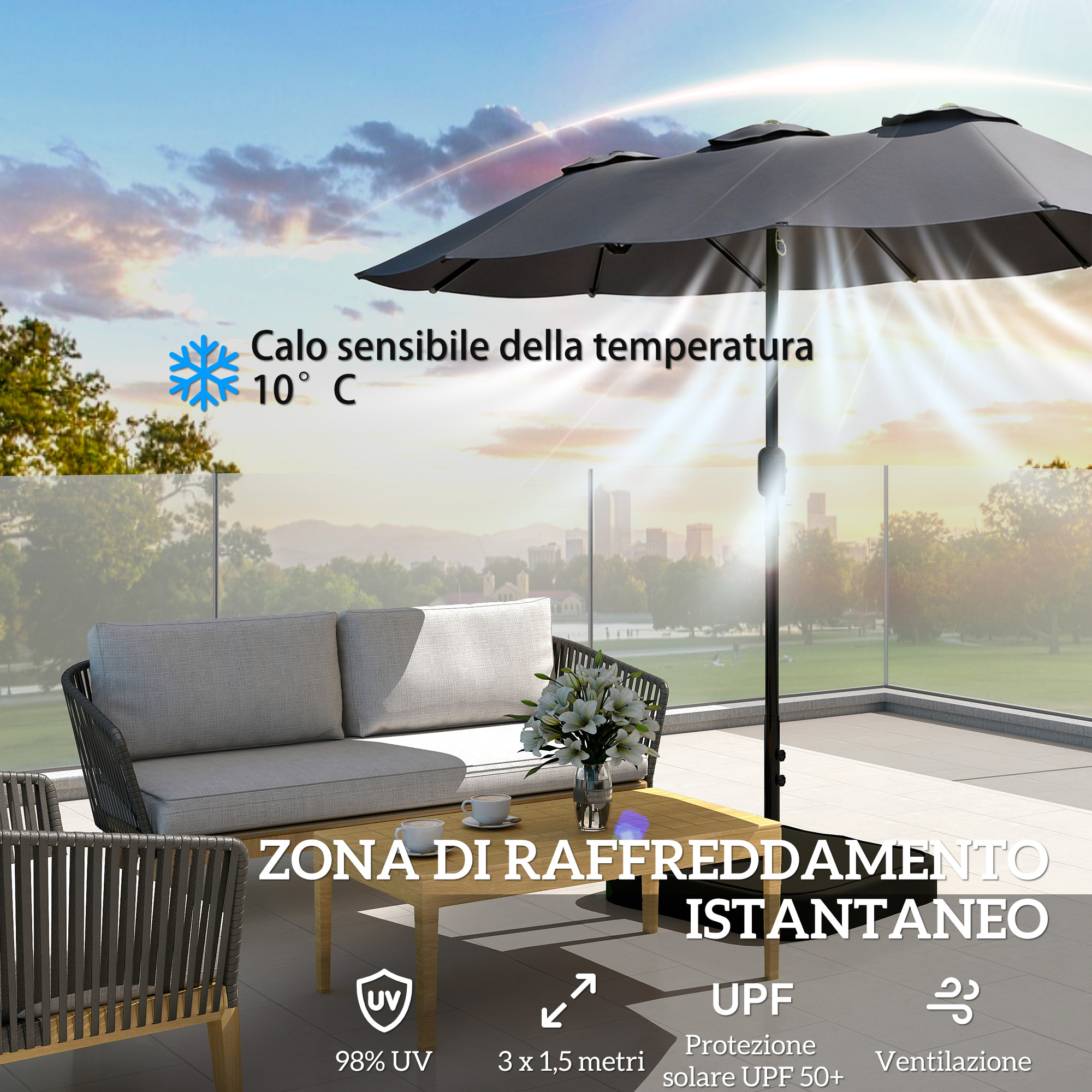 Un ombrellone da esterno su un salotto da balcone al tramonto.