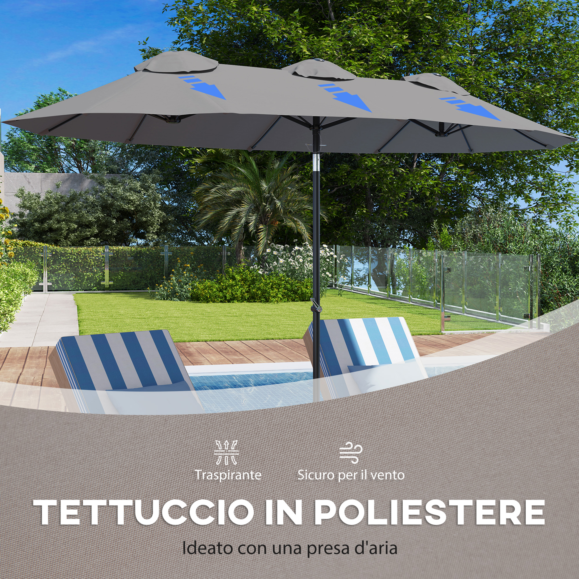 Ombrellone grigio su piscina con sdraio in giardino. Frecce blu sull'ombrellone.