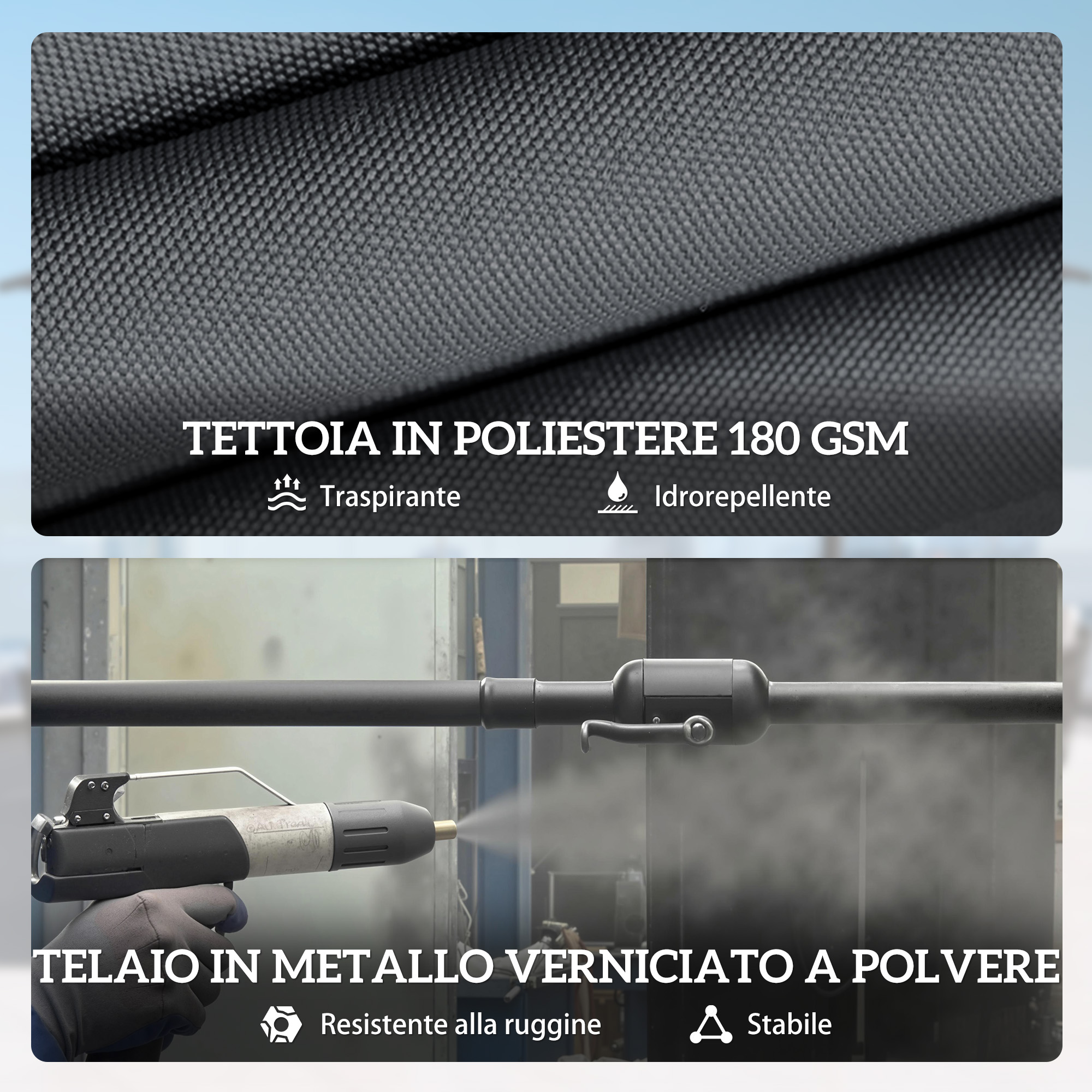Tessuto grigio e telaio in metallo con pistola a spruzzo. Tenda in poliestere, telaio in metallo verniciato.