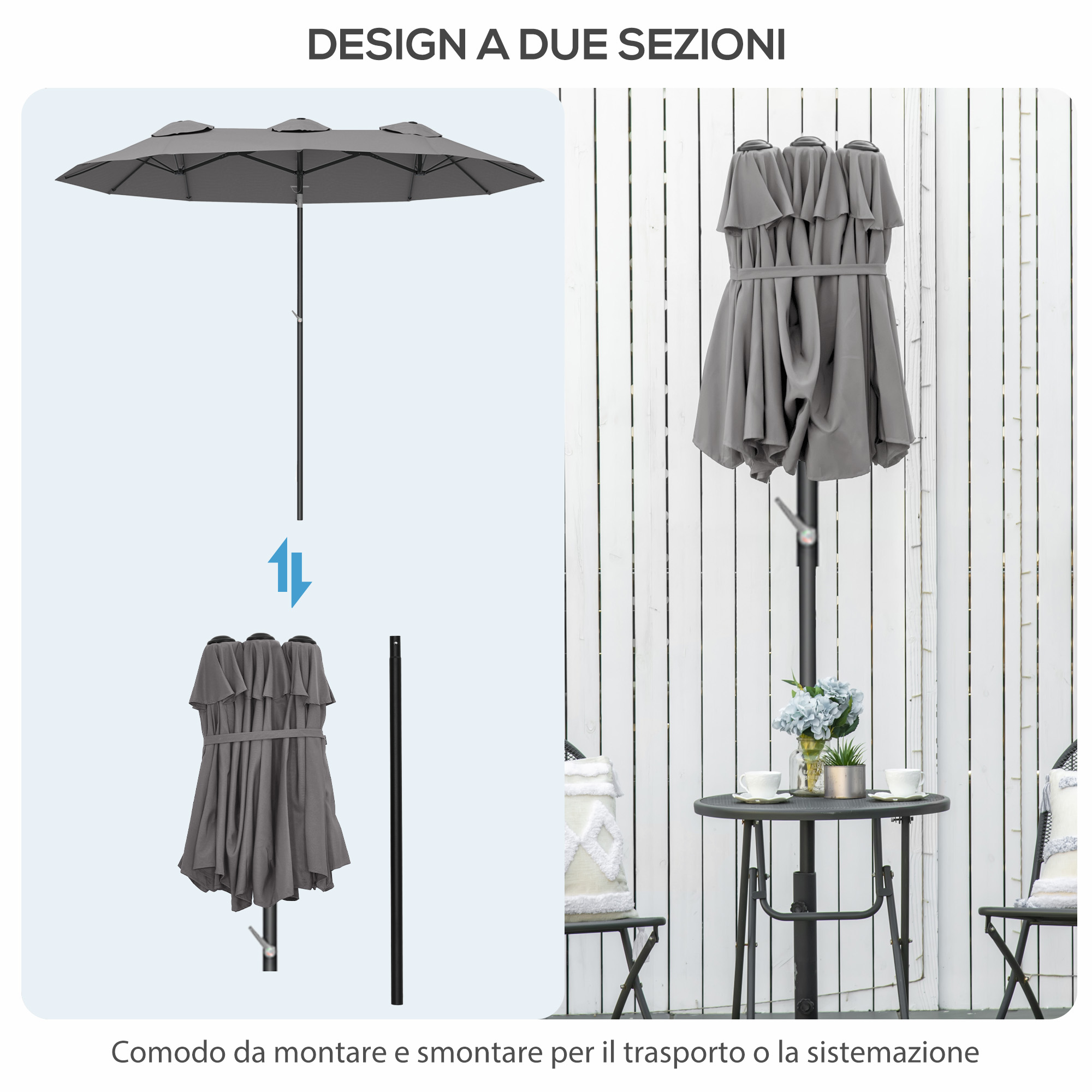 Ombrellone grigio, montabile/smontabile, con tavolo e sedie accanto.
