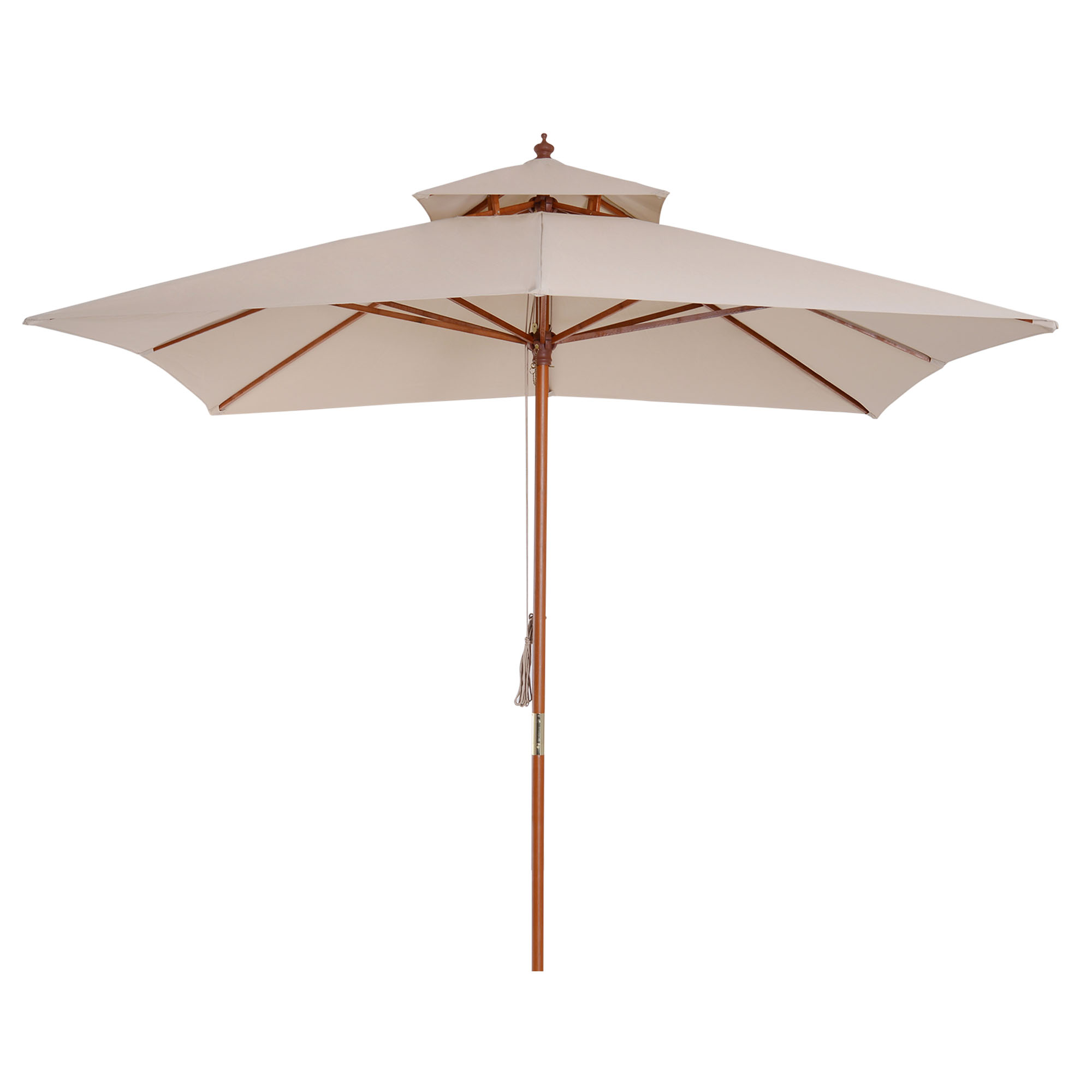 Un ombrellone color crema a due livelli con struttura e asta in legno.