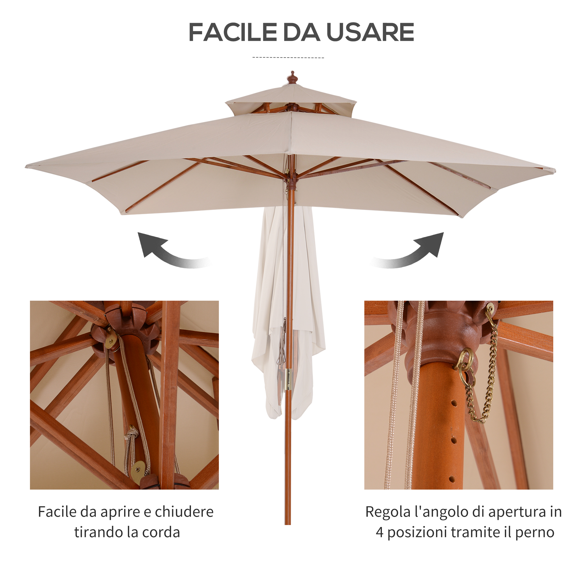 Un parasole in legno beige a due livelli con dettagli sulla facilità d'uso.