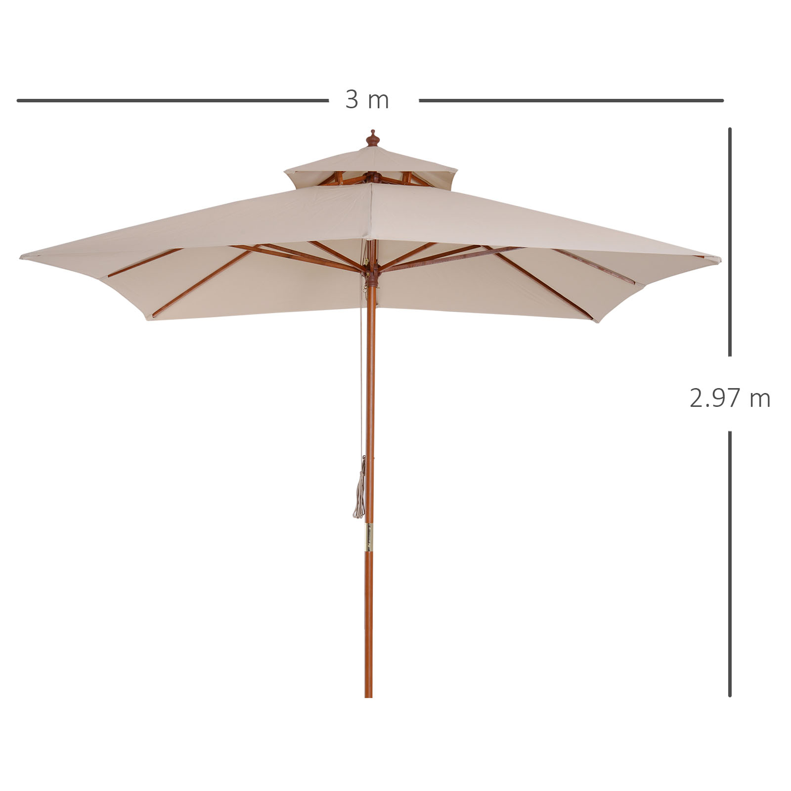 Un ombrellone beige a due livelli con palo e stecche in legno.