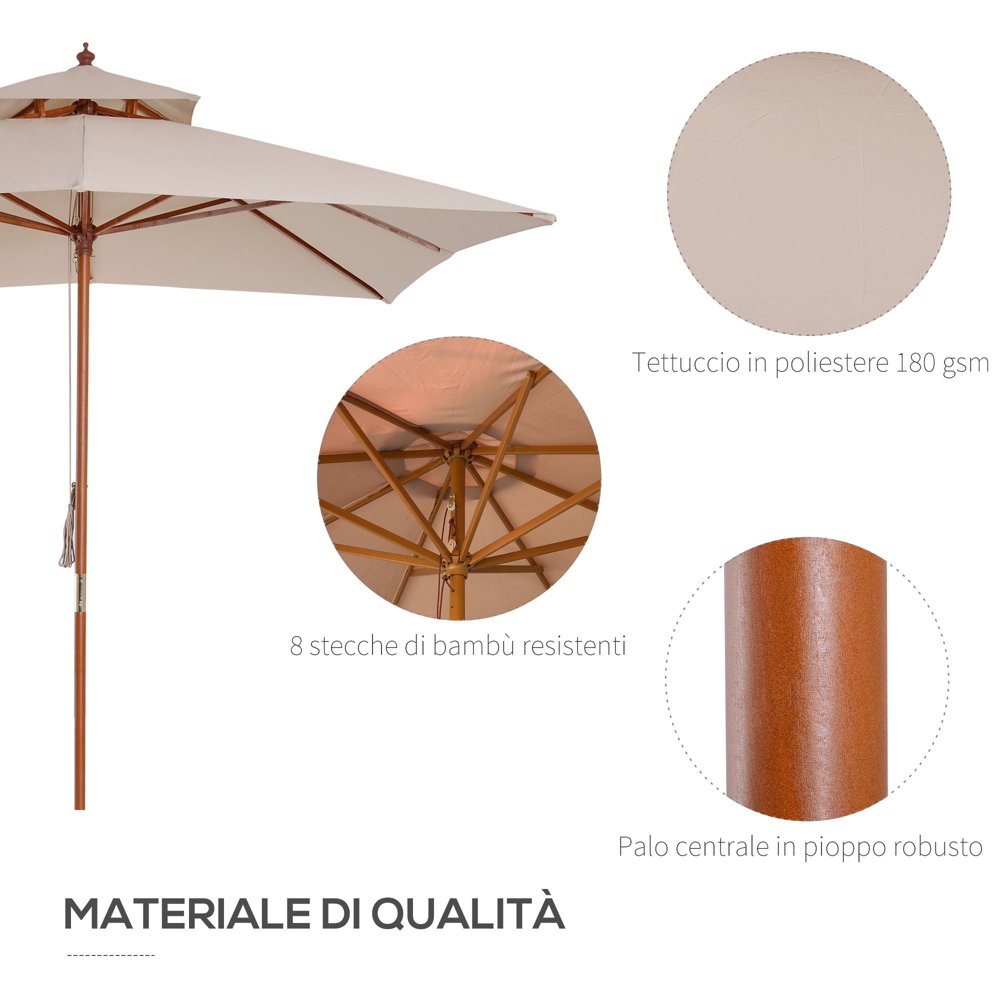 Un ombrellone a due piani in poliestere beige con stecche di bambù.