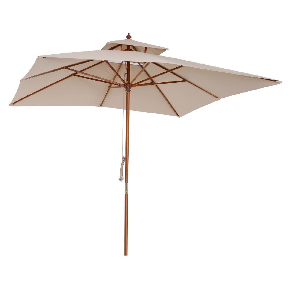 Un ombrellone da esterno beige a due livelli con palo in legno e corda.