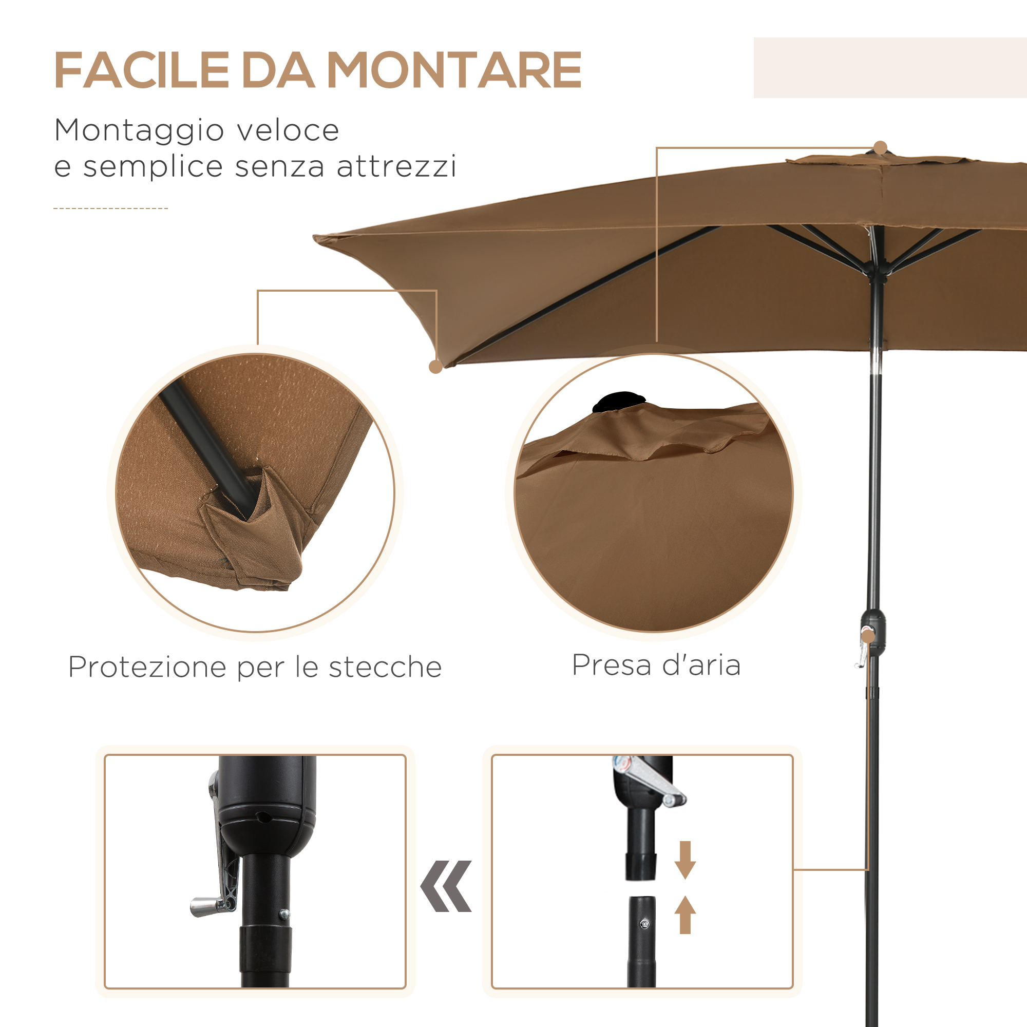 Un ombrellone marrone con istruzioni di montaggio e dettagli.