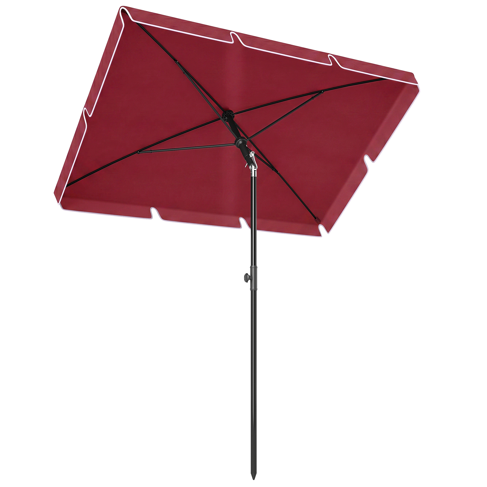 Un ombrellone rosso con bordo bianco, su sfondo bianco.