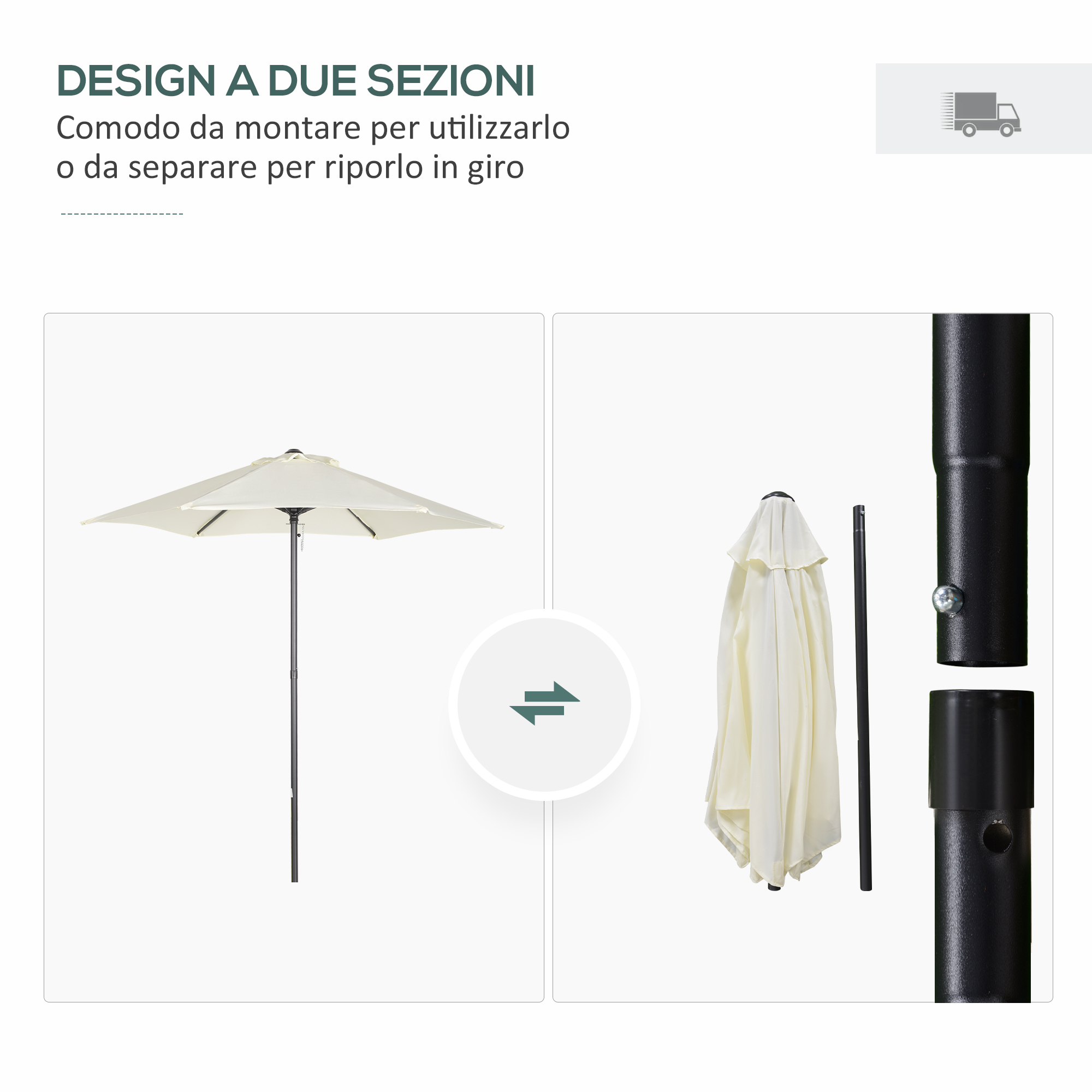 Un ombrellone aperto e uno piegato con pali. Design in due sezioni.