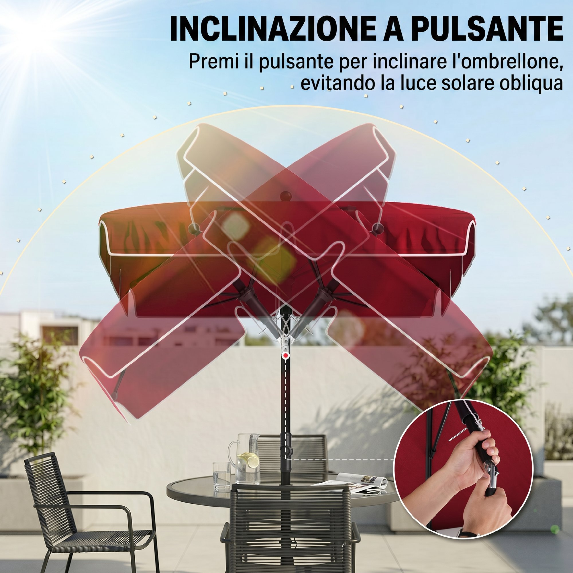 Un ombrellone rosso con meccanismo di inclinazione su un tavolo con sedie.