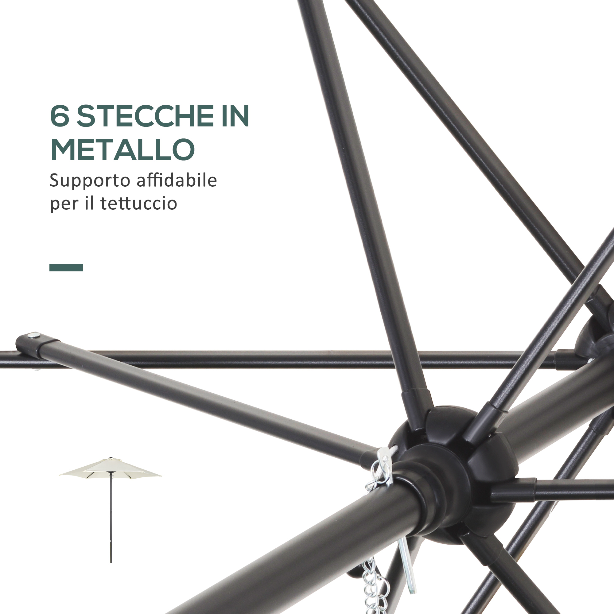 Primo piano di una struttura di ombrellone nera con 6 stecche metalliche e un piccolo ombrellone bianco.