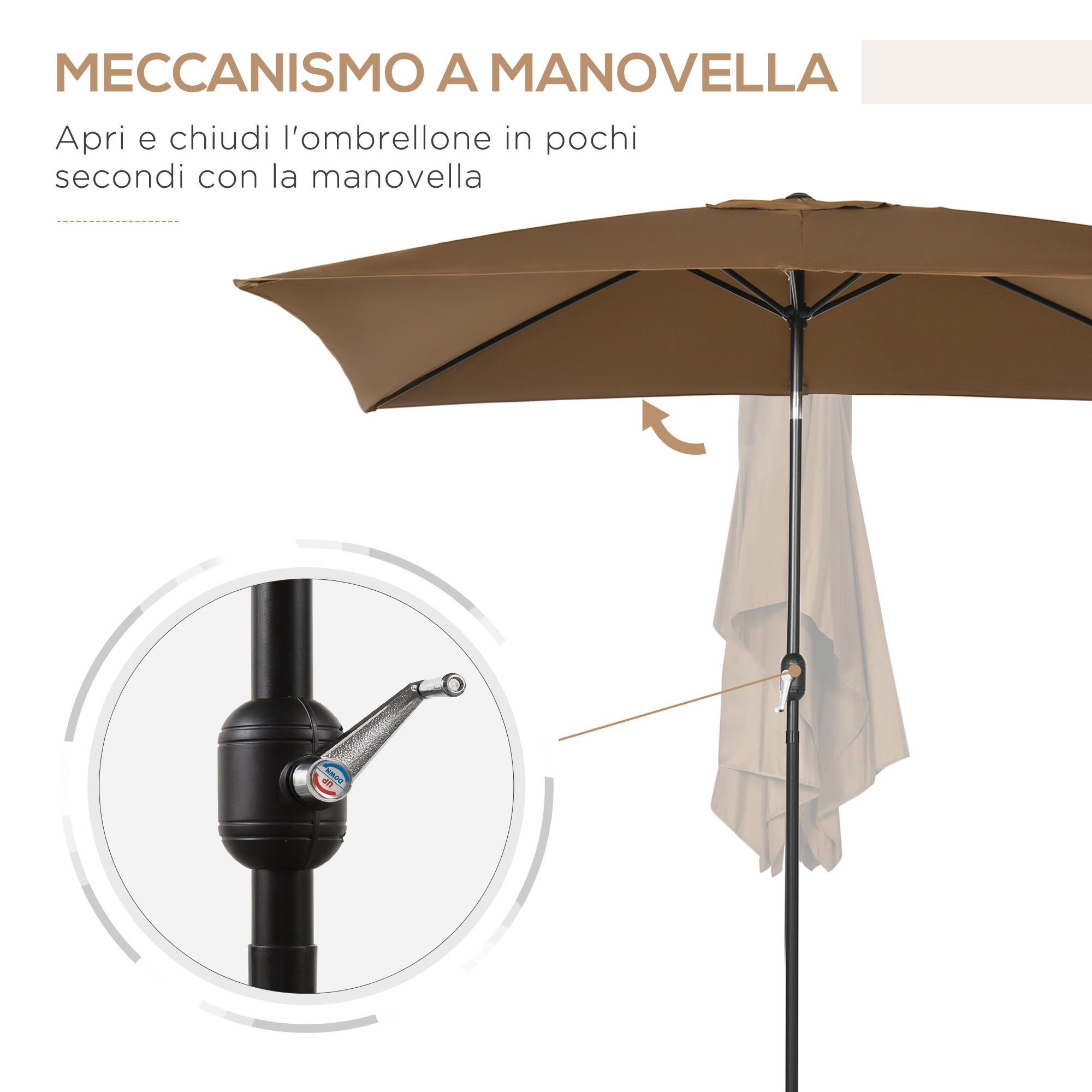Un ombrellone da esterno marrone con meccanismo a manovella, dettaglio.