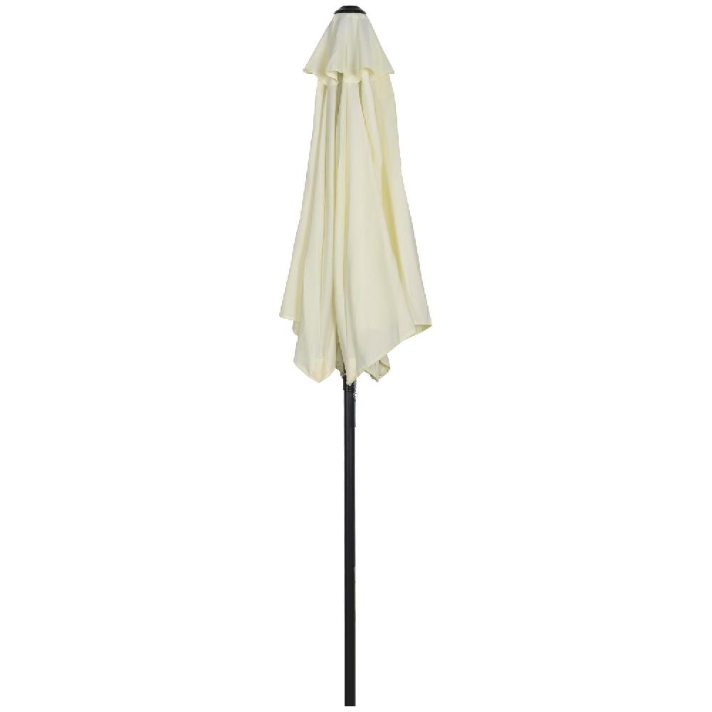 Un ombrellone color crema chiuso con supporto nero su sfondo bianco.
