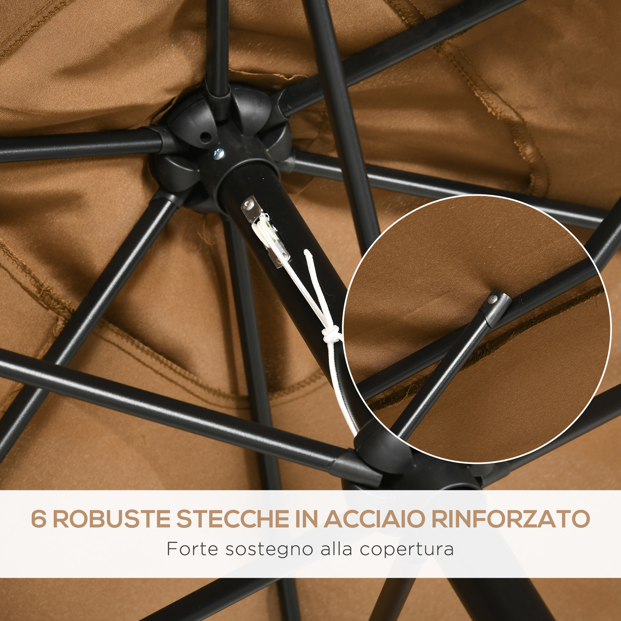 Tessuto marrone per ombrellone con struttura metallica nera e cordino.