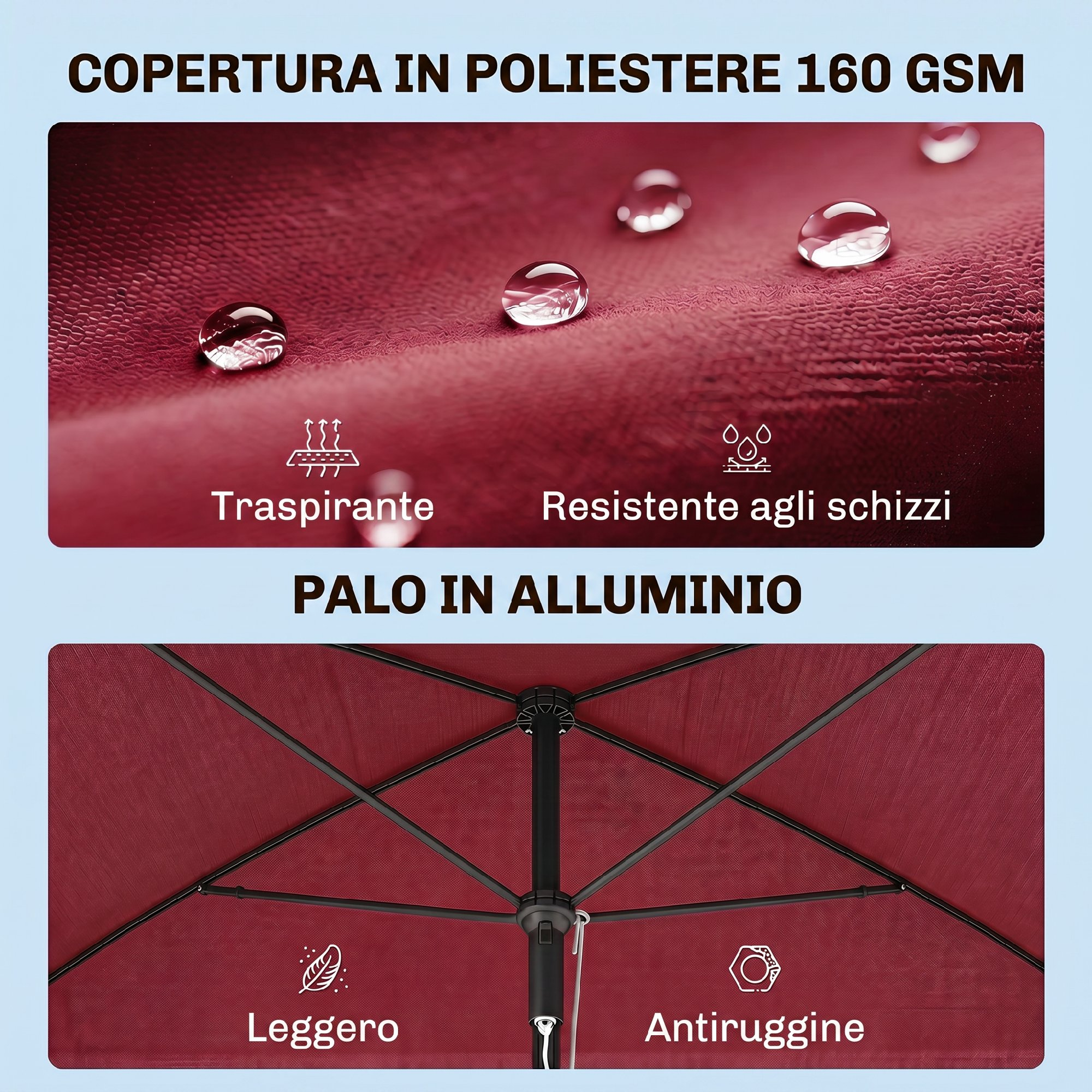 Copertura in tessuto rosso con gocce d'acqua. Palo in alluminio con montanti.