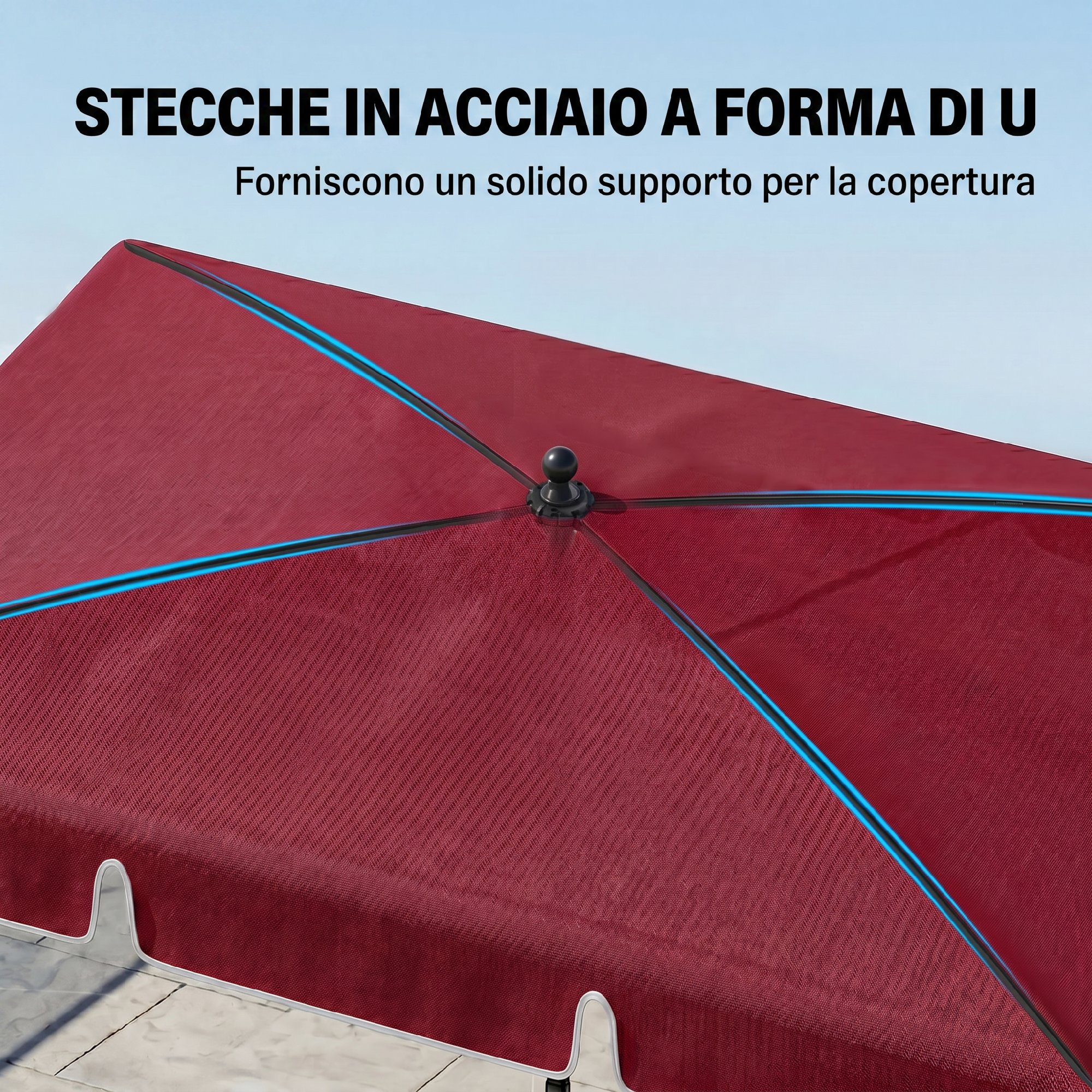 Tessuto rosso per ombrellone con stecche a U in acciaio e accenti blu.