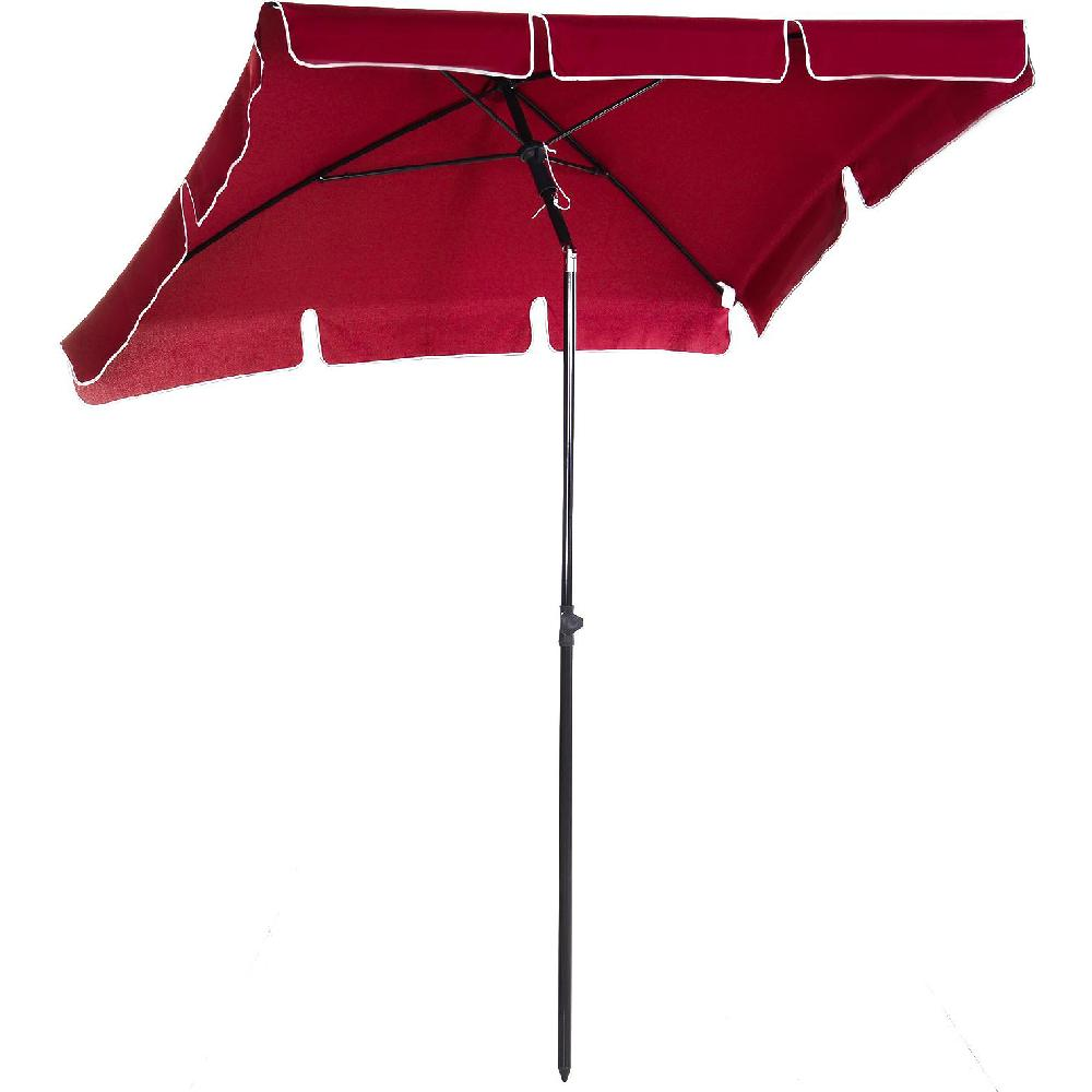 Un ombrellone rosso con bordo bianco su un palo nero, aperto.