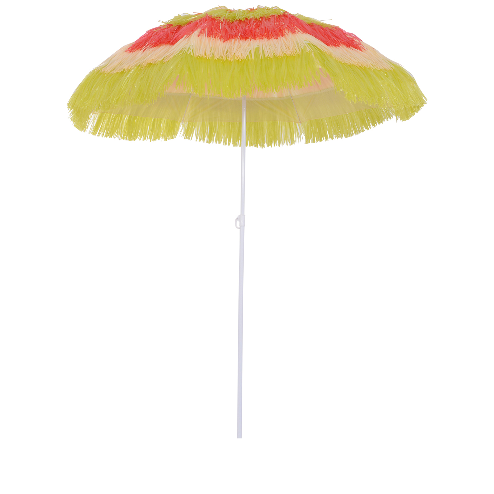 Un ombrellone colorato con frange gialle, rosa e beige.