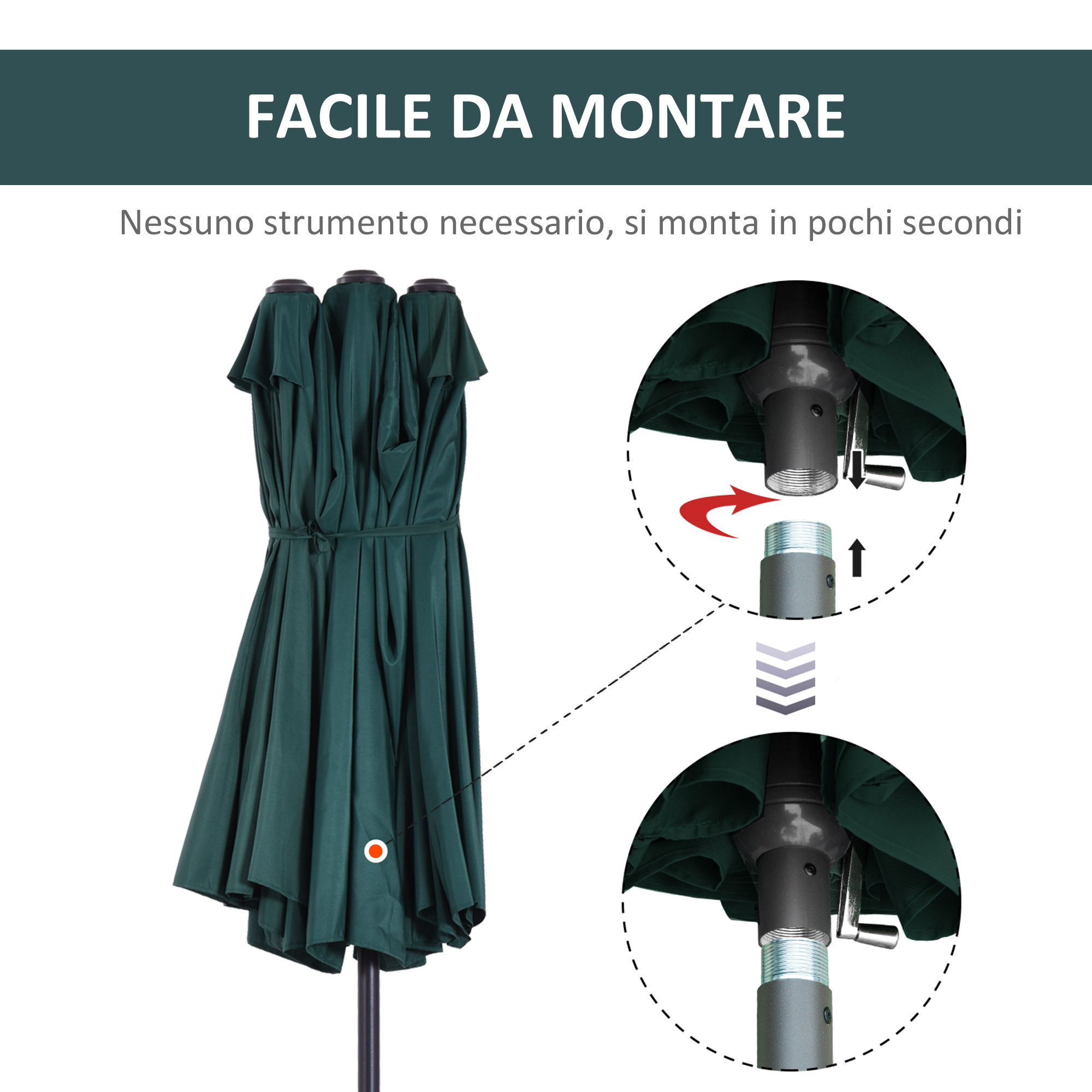 Un ombrellone verde scuro è piegato e legato al suo palo, con dettagli di montaggio.