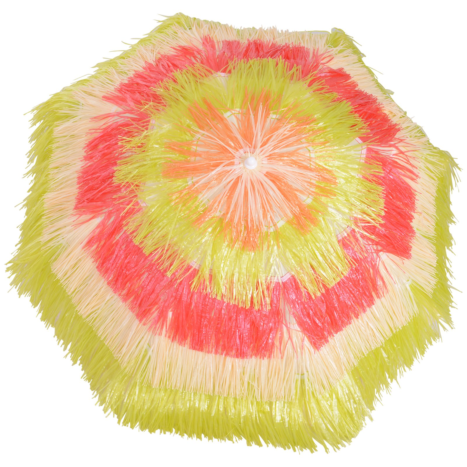 Un ombrello colorato con frange gialle, arancioni, rosse e crema.