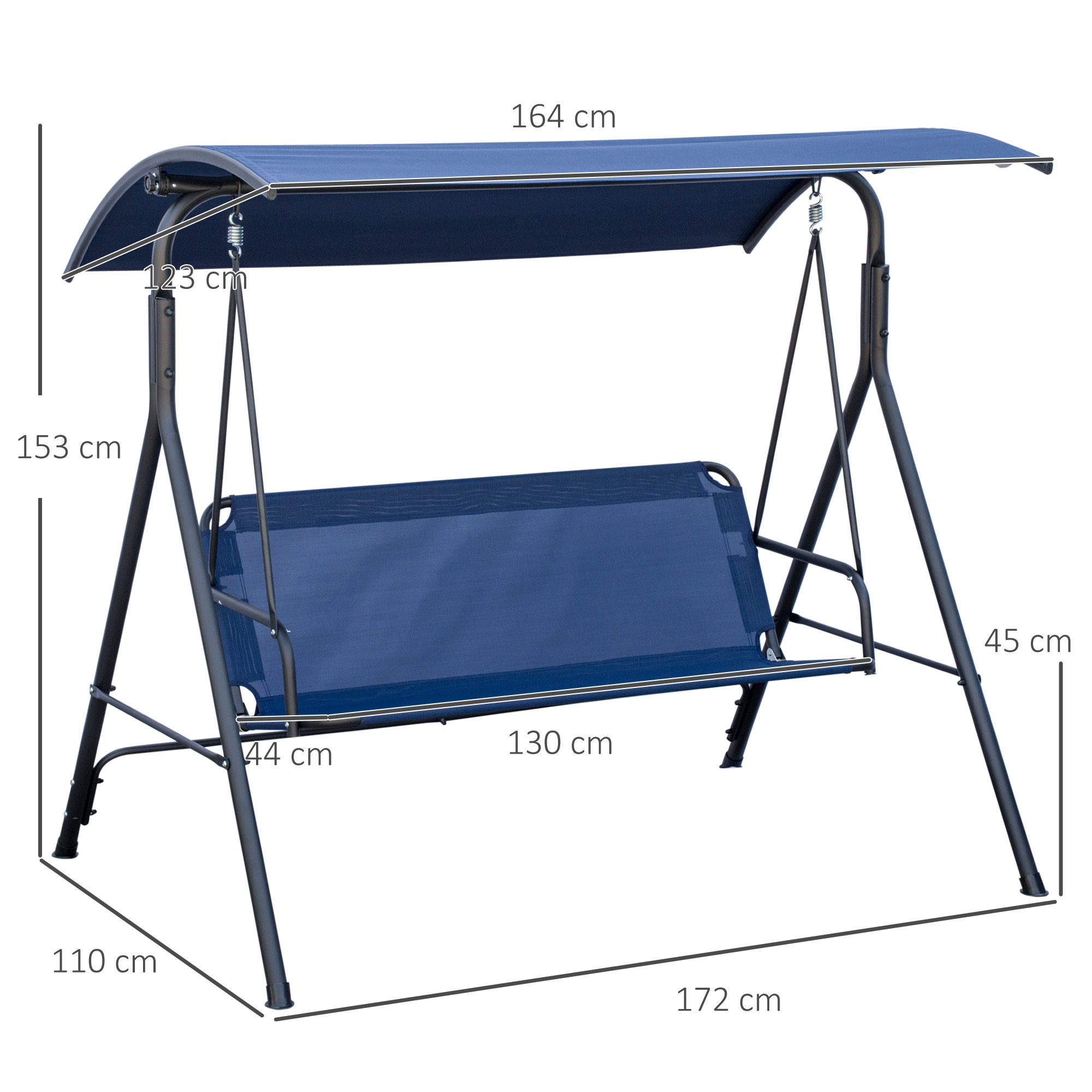 Un'altalena da giardino in metallo blu con misure.