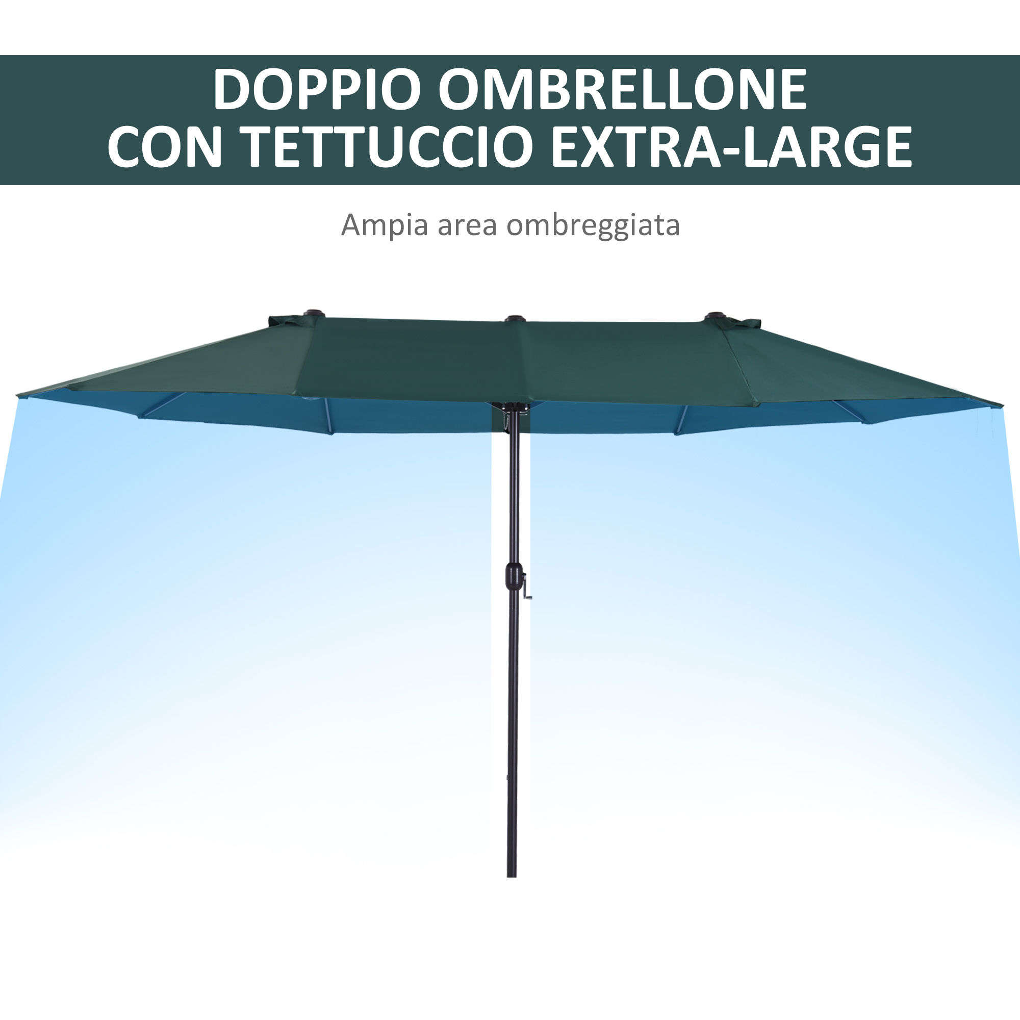Un doppio ombrellone rettangolare verde scuro con sottosopra blu.