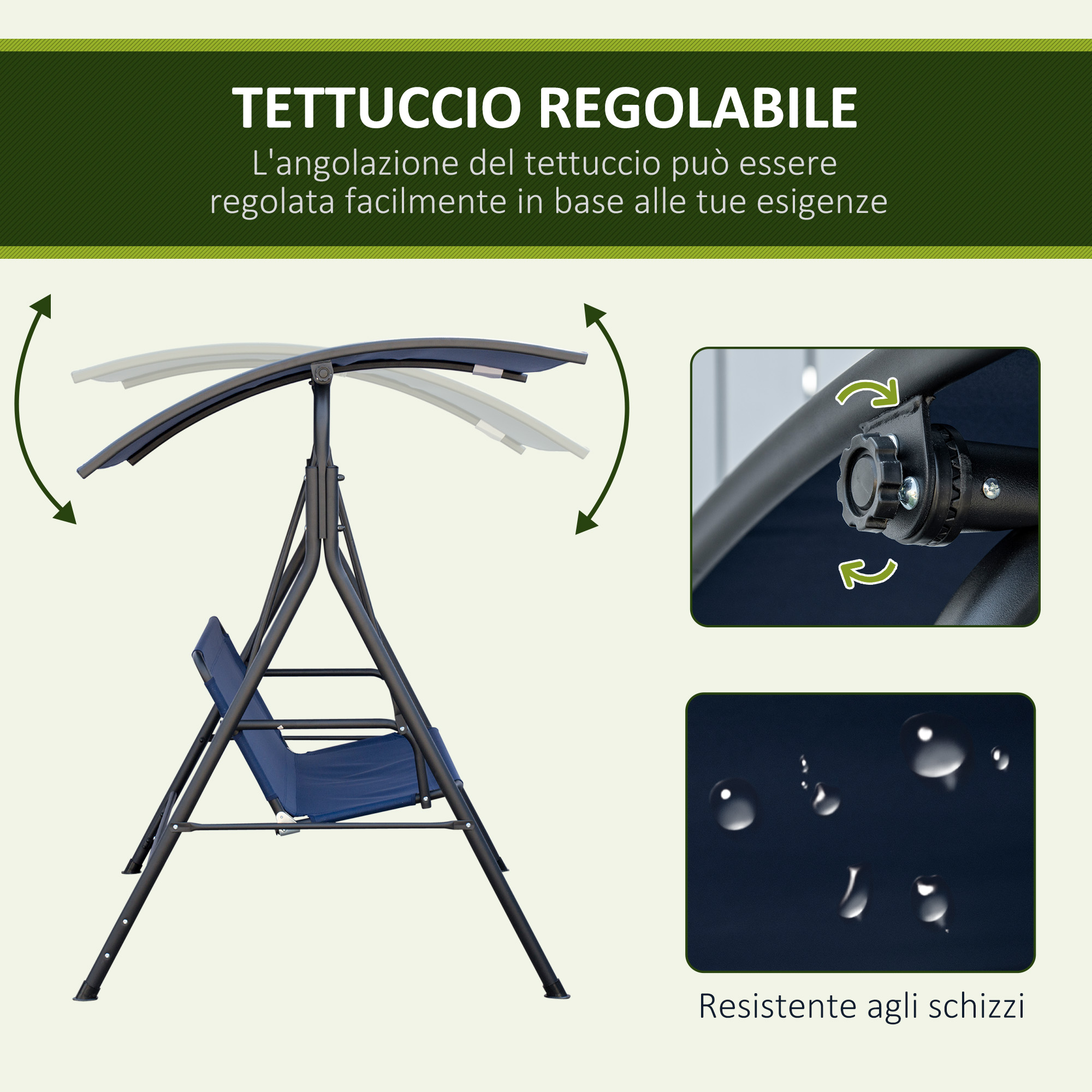 Tettuccio regolabile su sedile a dondolo blu con dettagli.