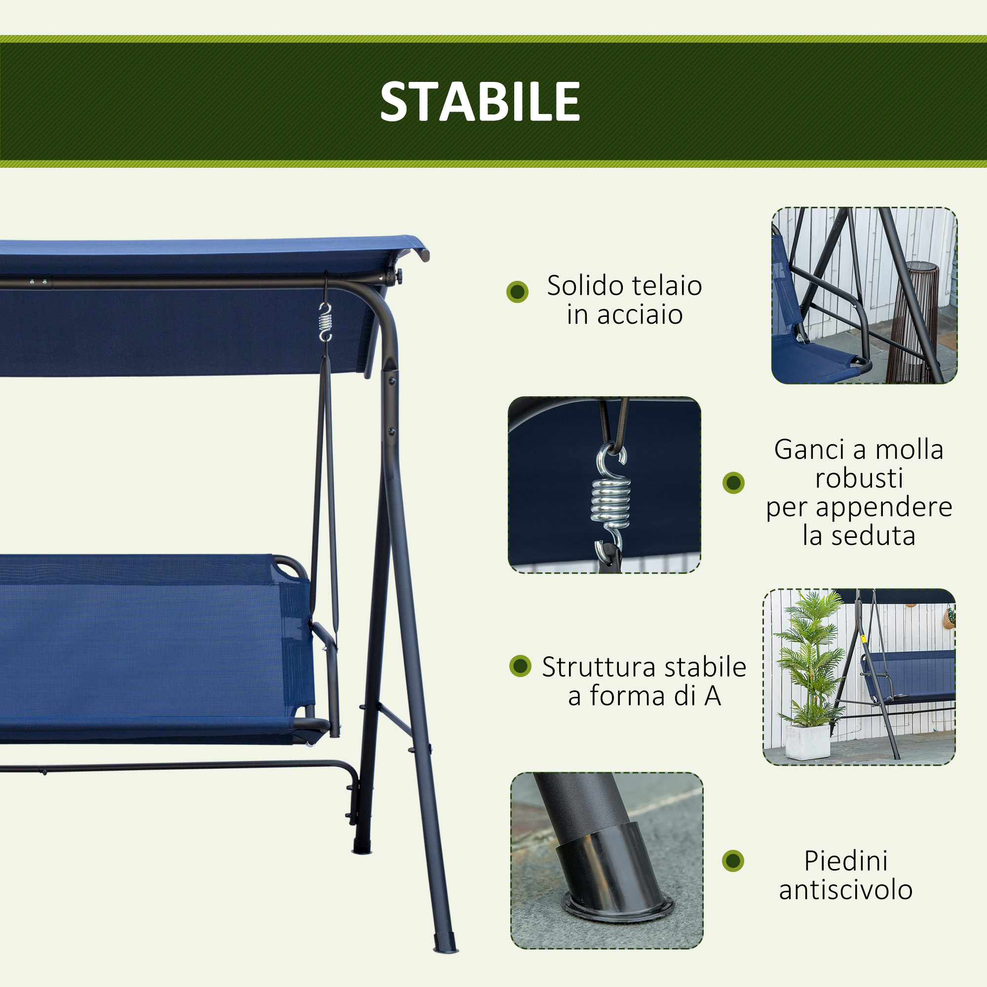 Una seduta a dondolo blu stabile con telaio in metallo e sospensione a molla.