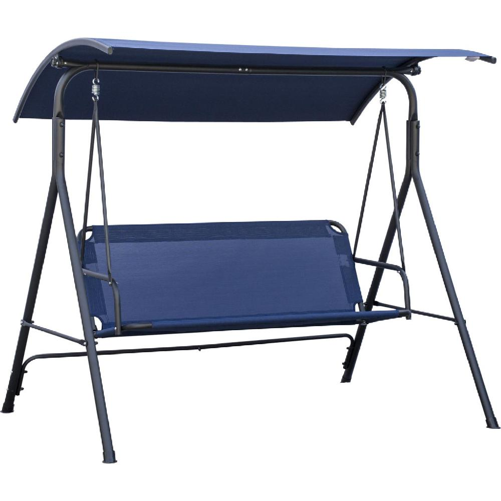 Un'altalena blu scuro con baldacchino curvo su telaio in metallo grigio.
