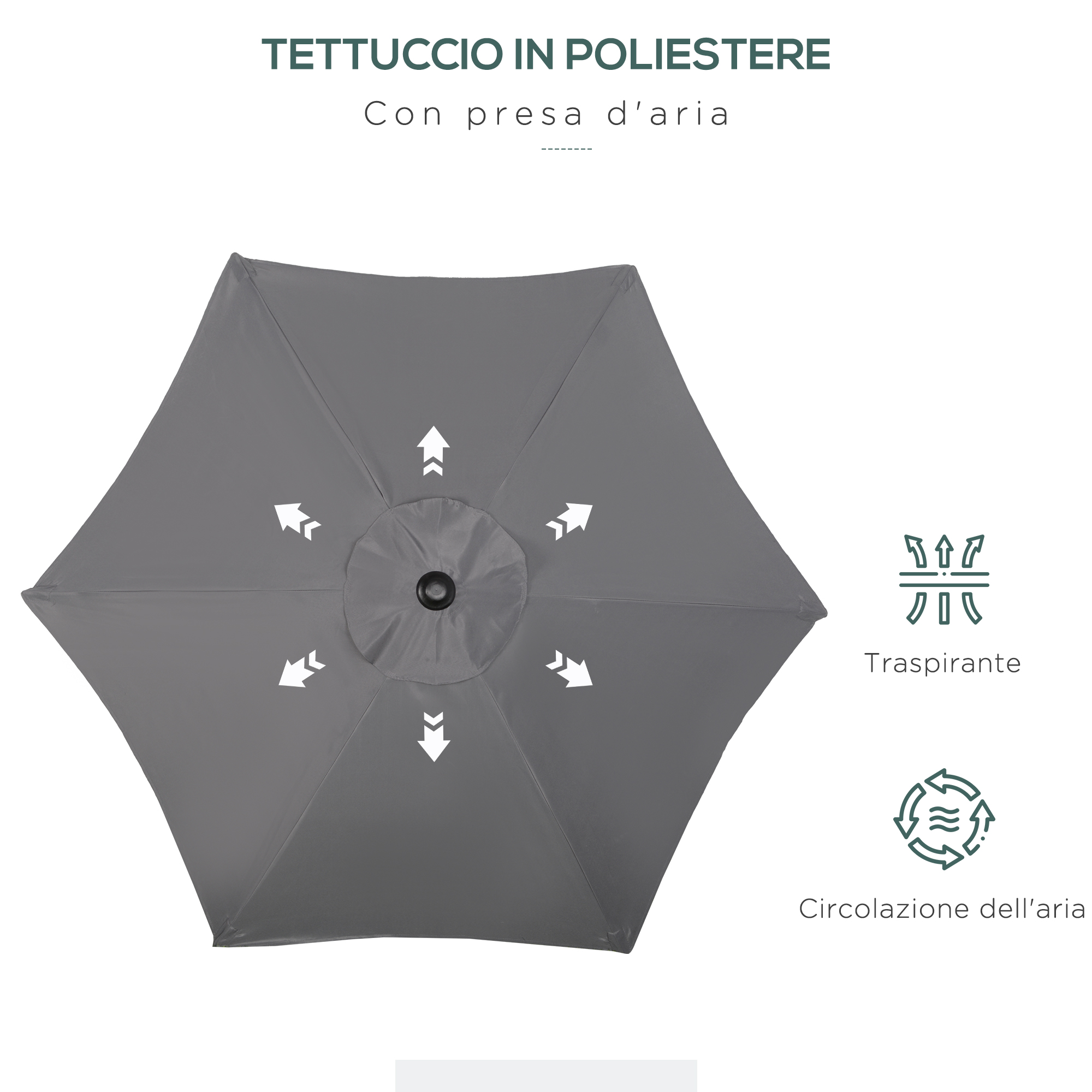 Telo ombrellone grigio in poliestere con prese d'aria e frecce che indicano circolazione.