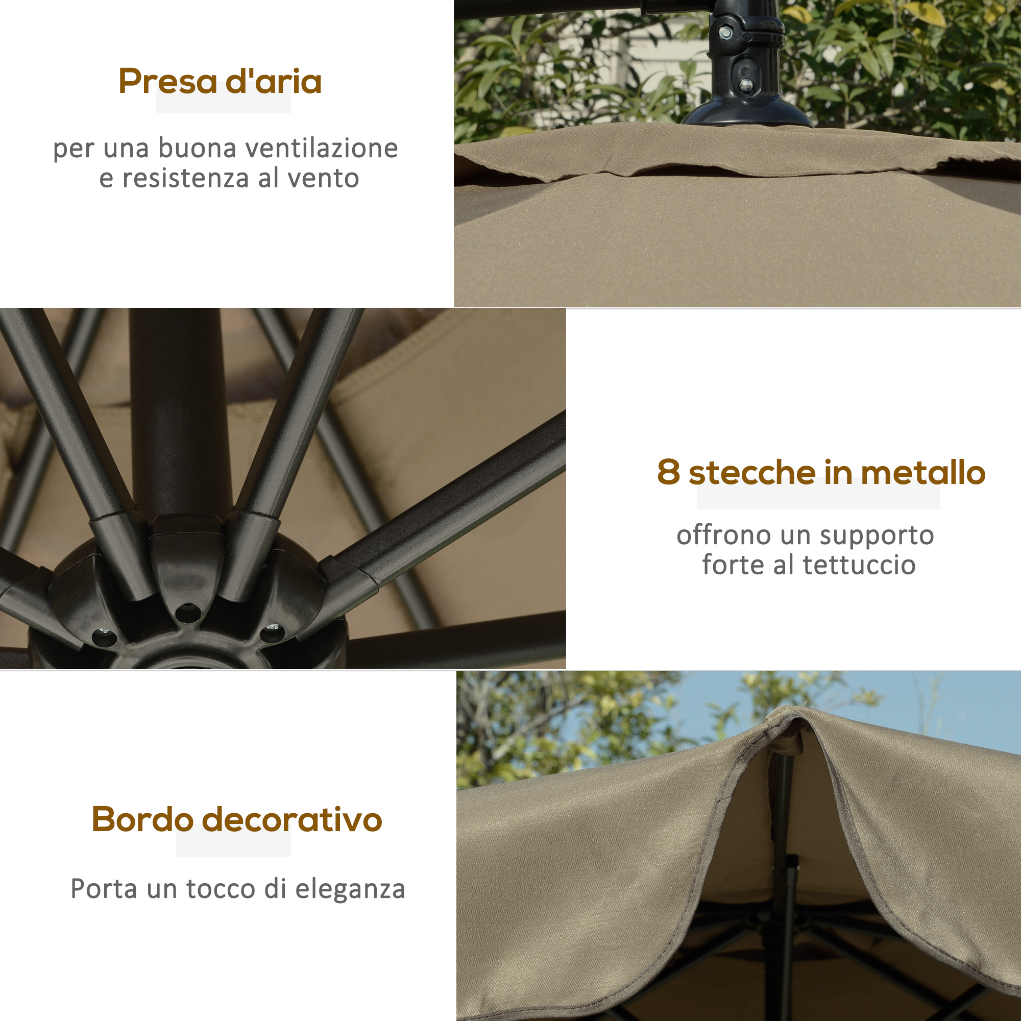 Ombrellone da esterno con sfiato, bordo decorativo e 8 stecche in metallo.