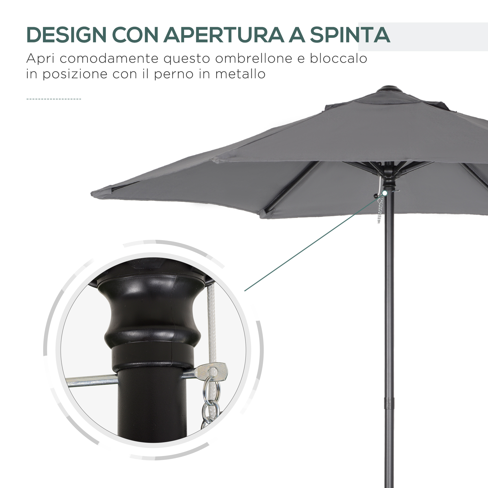 Ombrellone grigio con apertura a spinta e blocco con perno metallico.