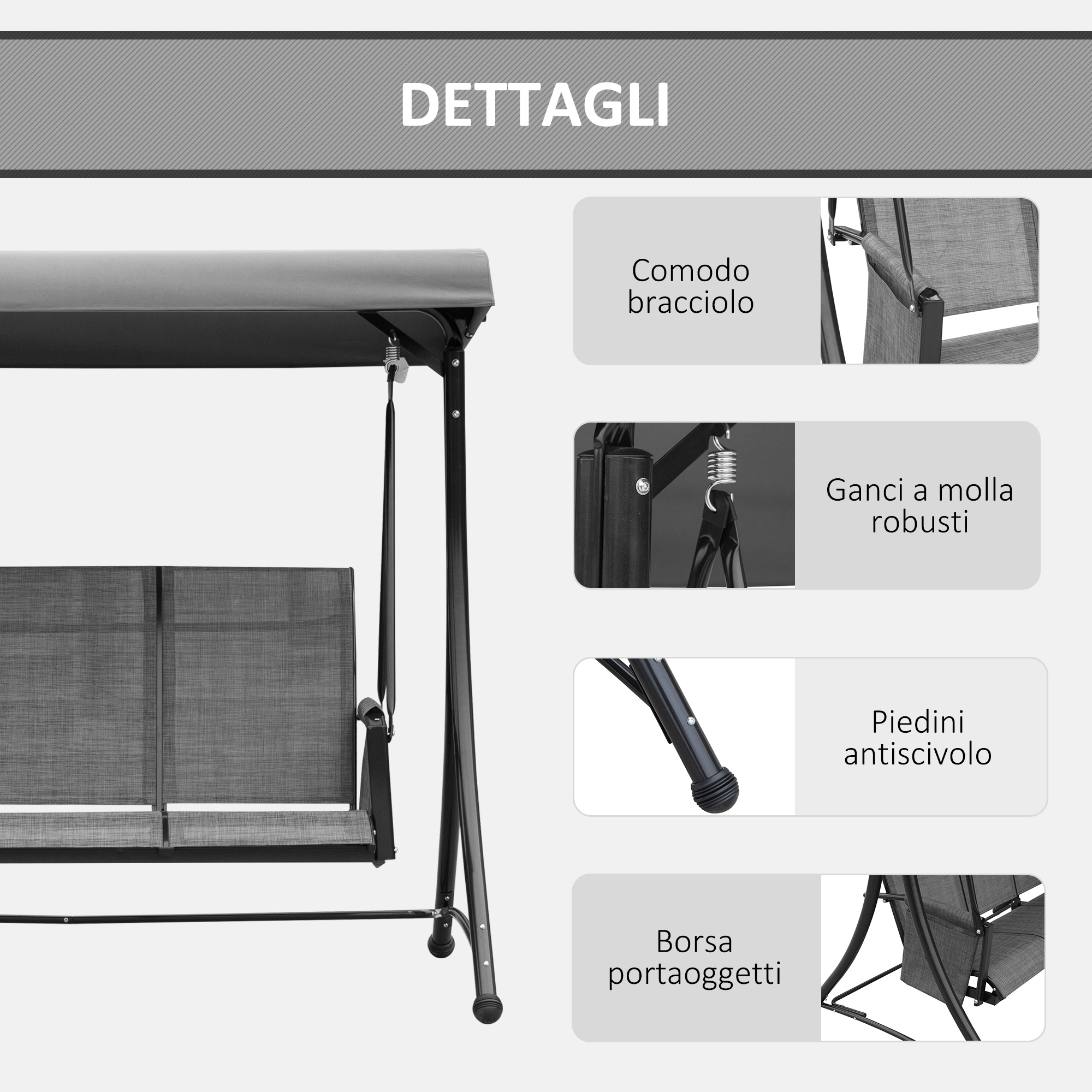 Dettagli di una seduta da altalena grigia con braccioli, molle e piedini antiscivolo.