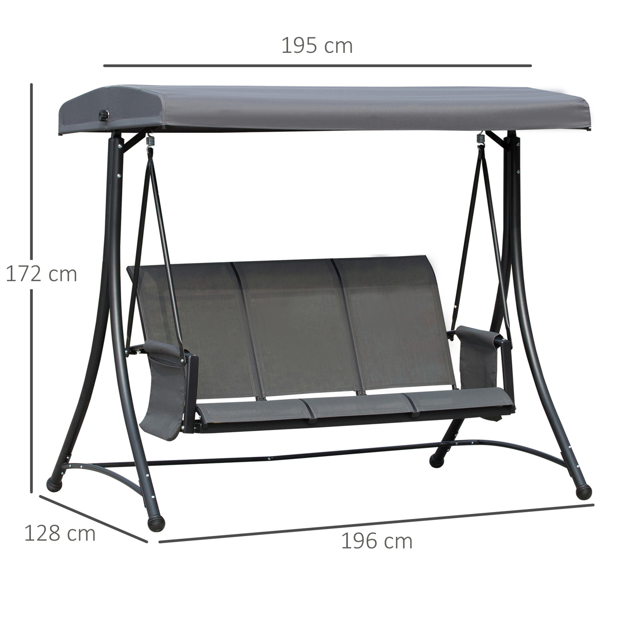 Panca da giardino grigia con tettoia, dimensioni indicate.