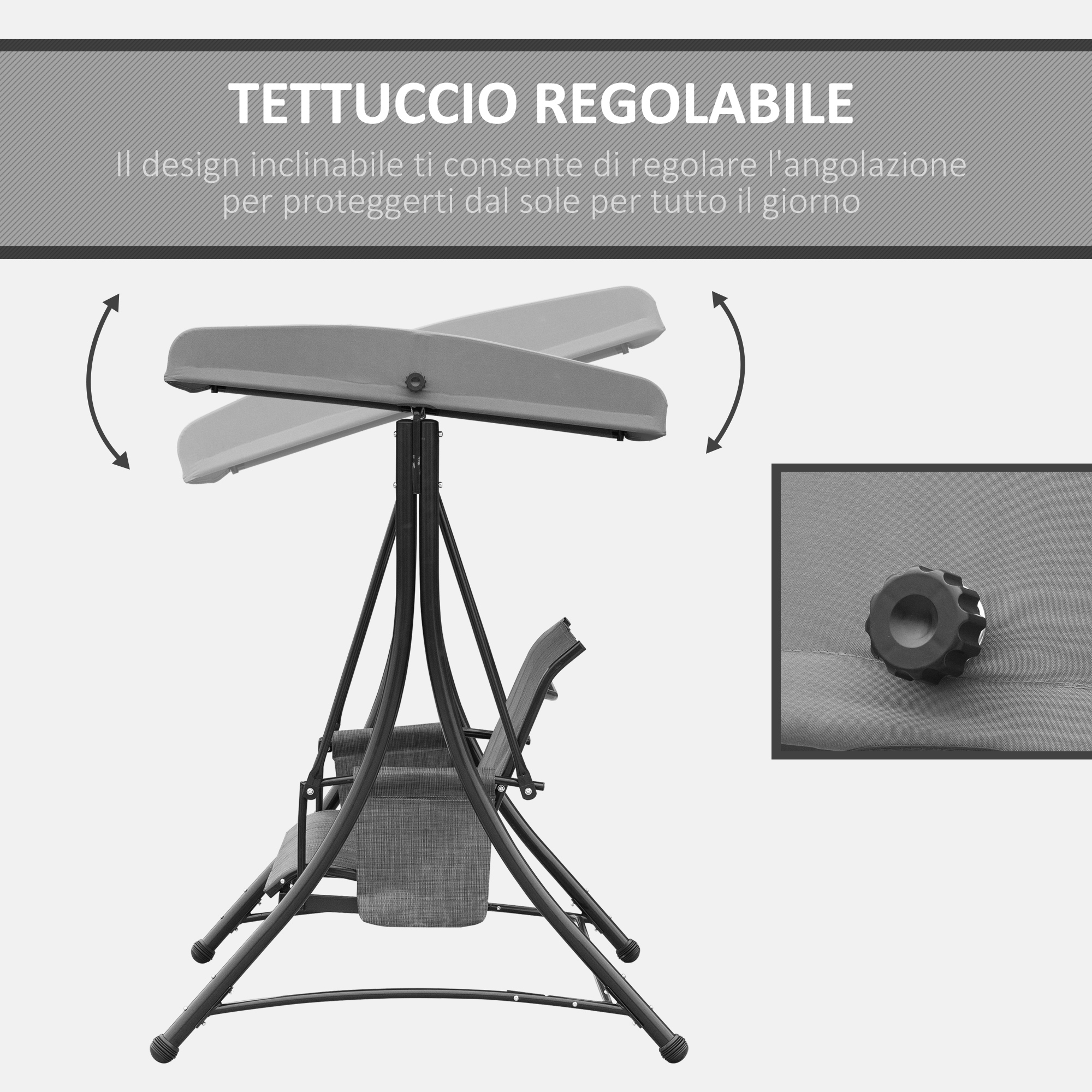 Tettuccio regolabile per altalena in posizioni inclinate.