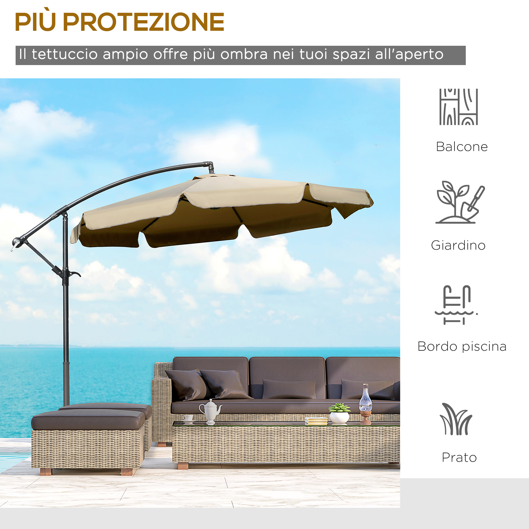 Un ombrellone beige su un divano marrone e tavolino con il mare sullo sfondo.