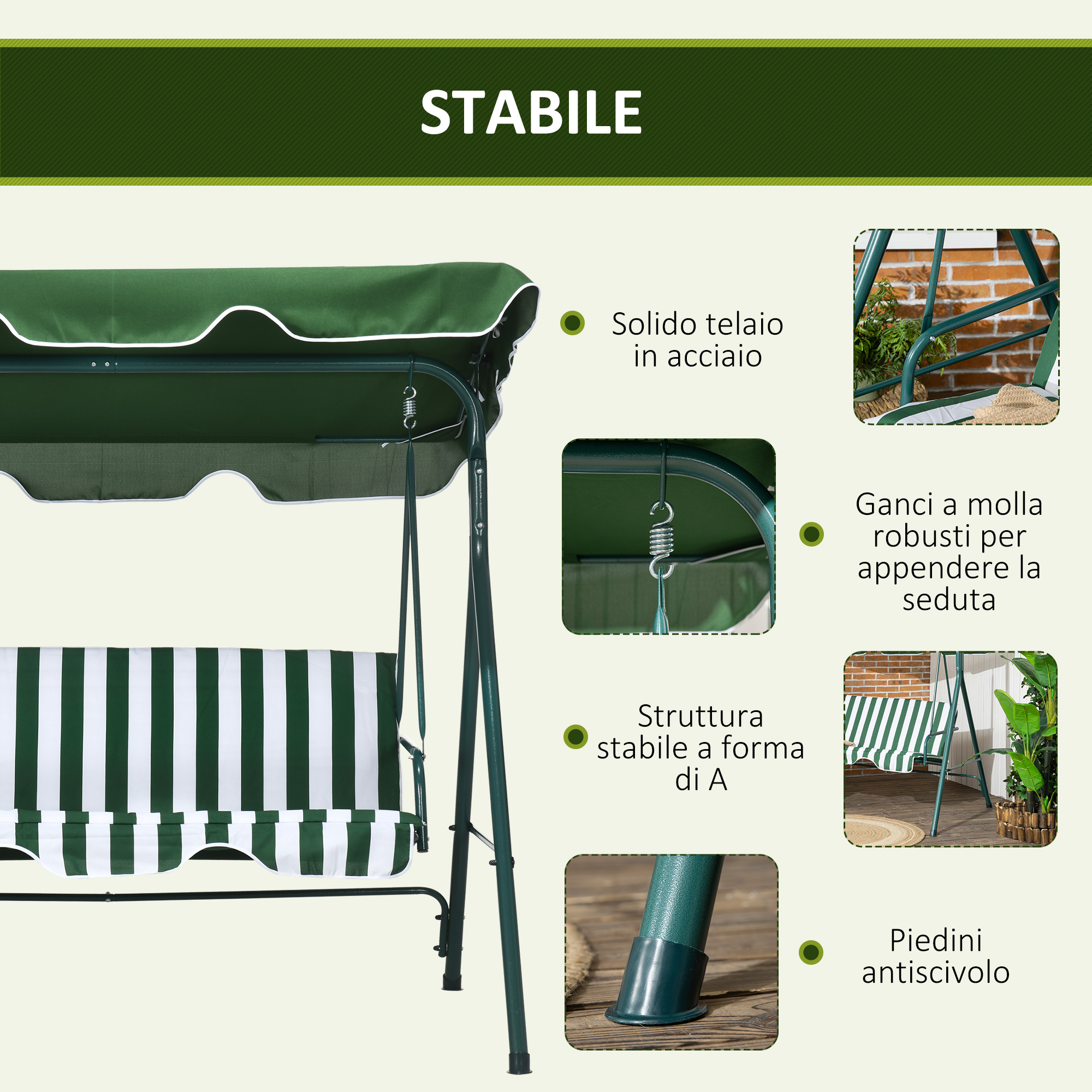 Altalena verde a righe bianche e verdi, telaio in acciaio e ganci.