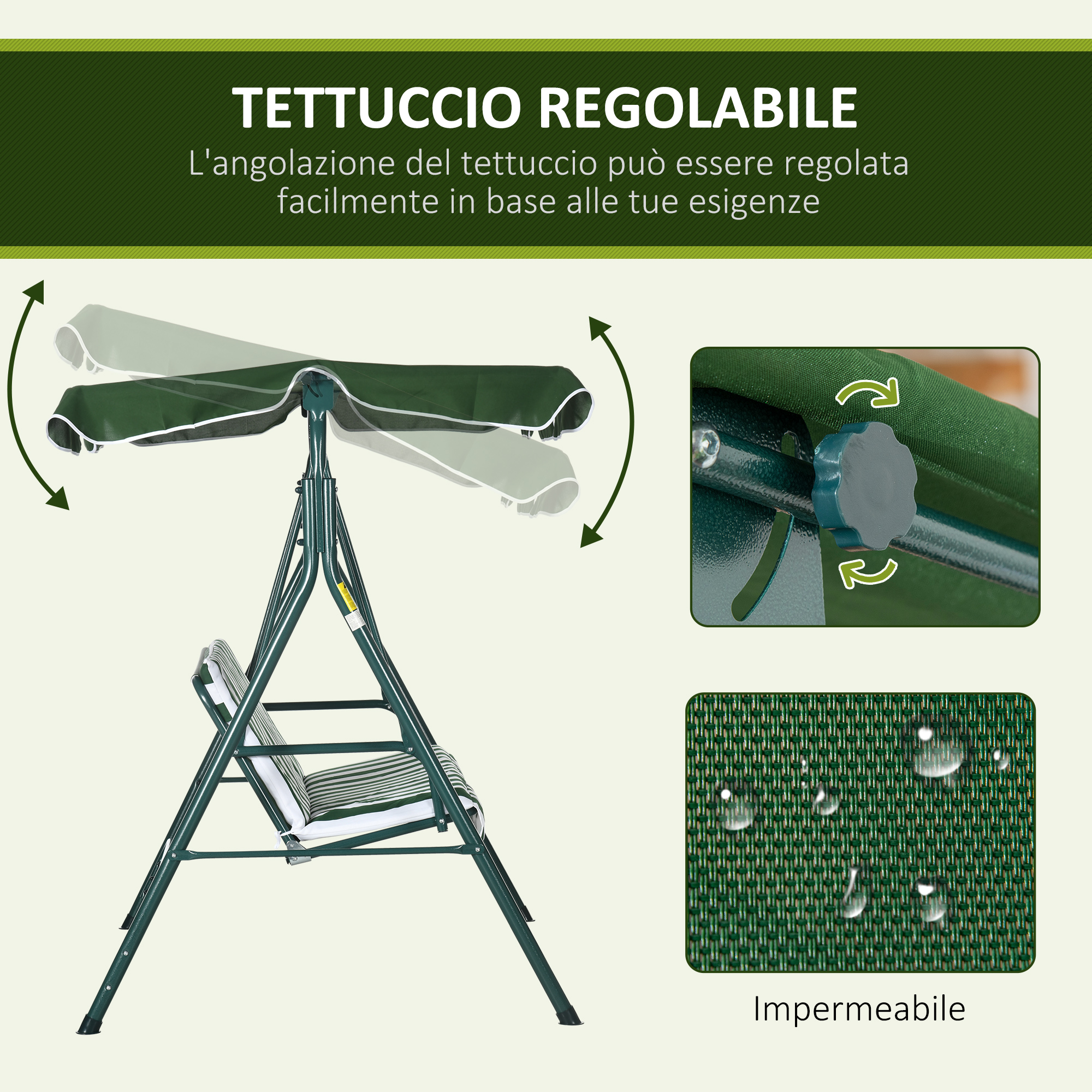 Tettuccio regolabile su un dondolo verde con cuscini a righe.