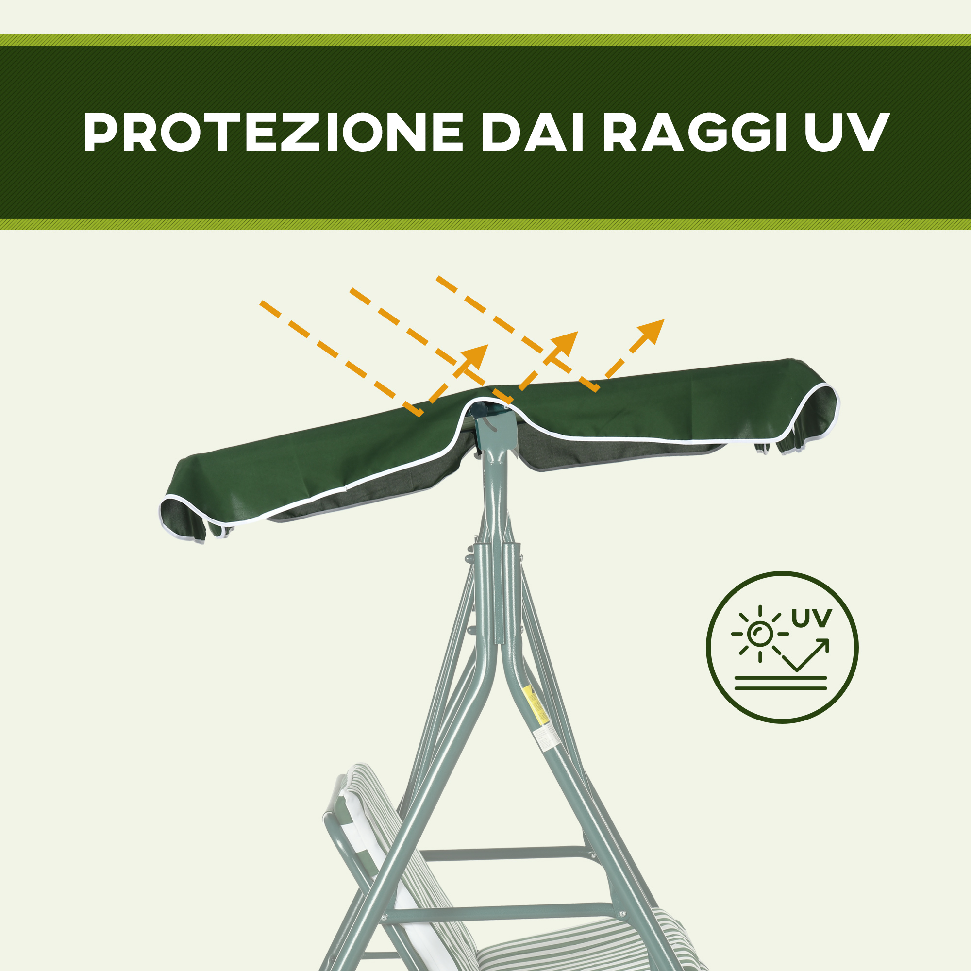 Tendalino verde con simbolo di protezione UV e frecce che indicano i raggi UV.