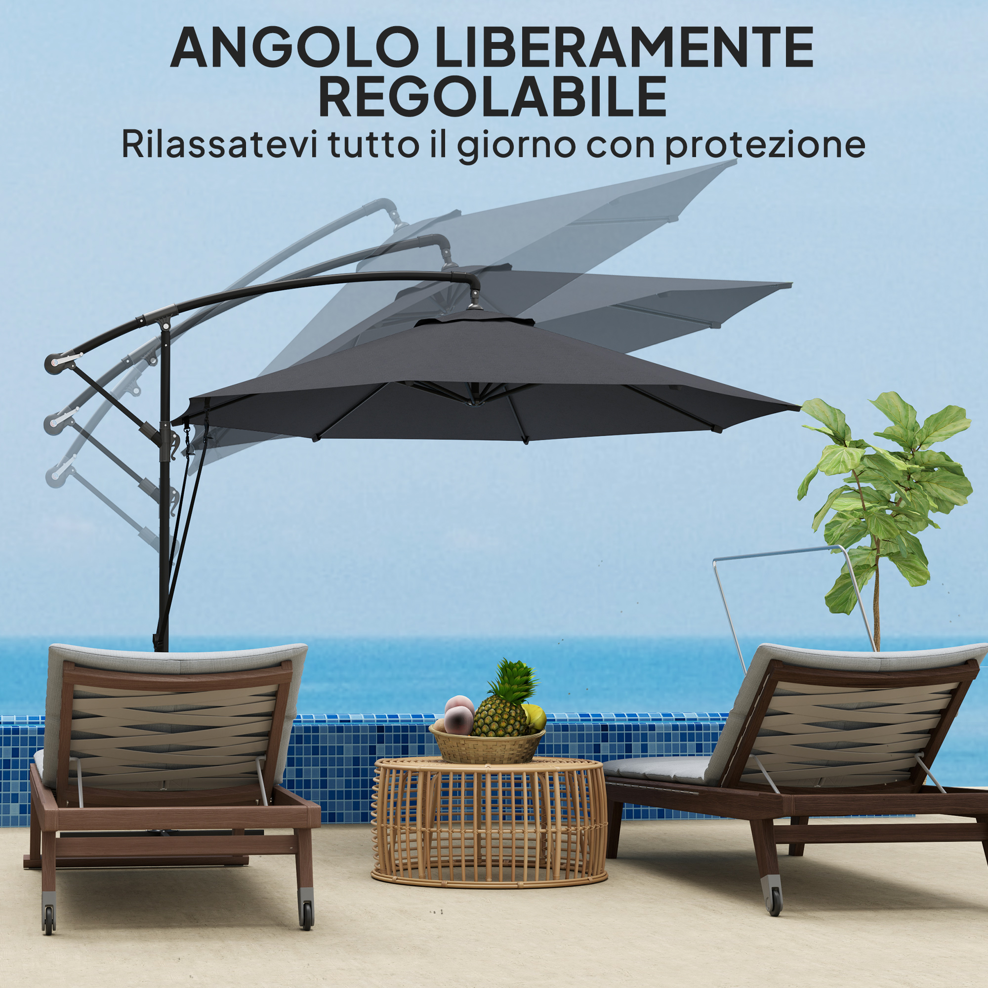 Un ombrellone regolabile su due sdraio e un tavolino vicino a una piscina.