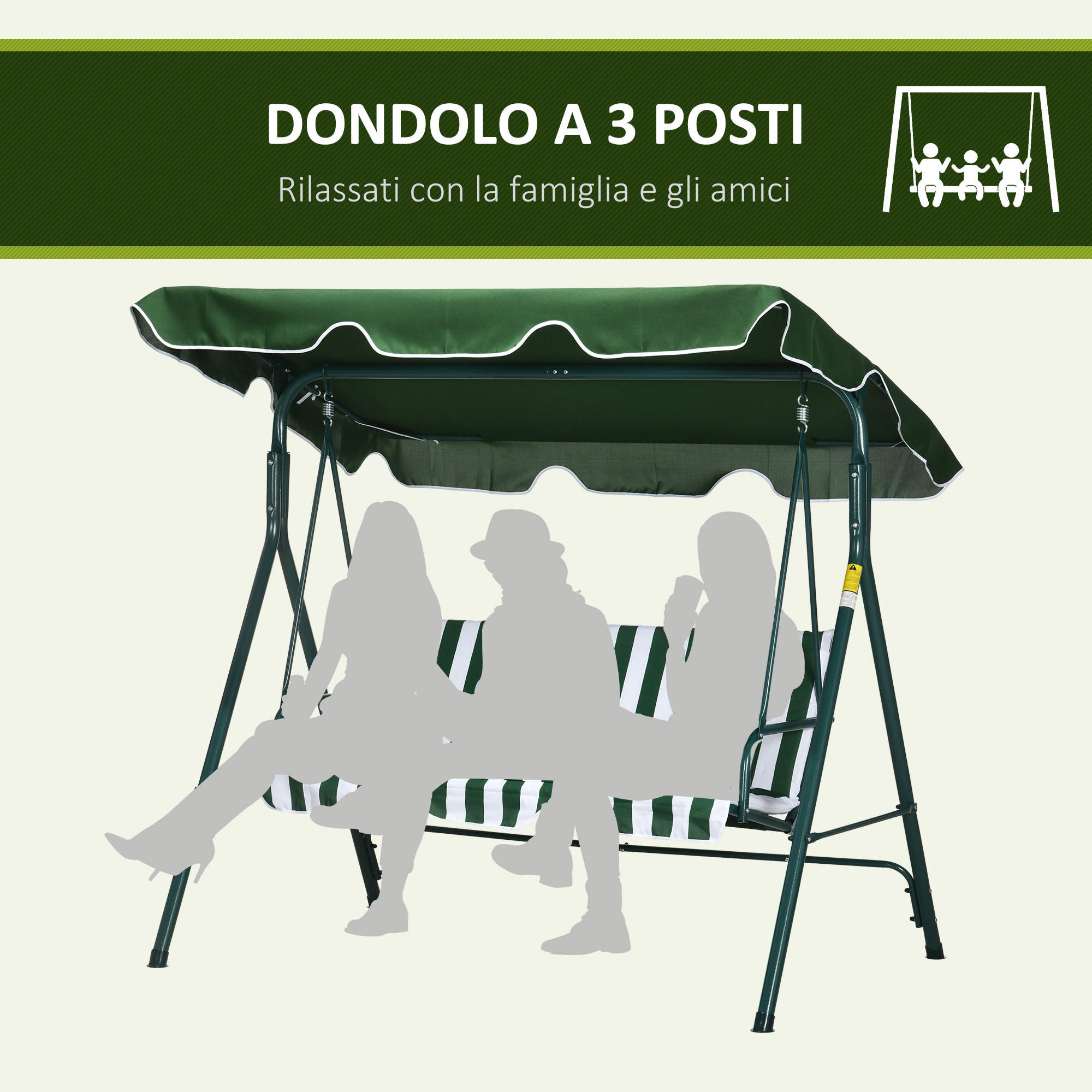 Altalena verde a 3 posti con seduta e baldacchino a righe, tre silhouette.
