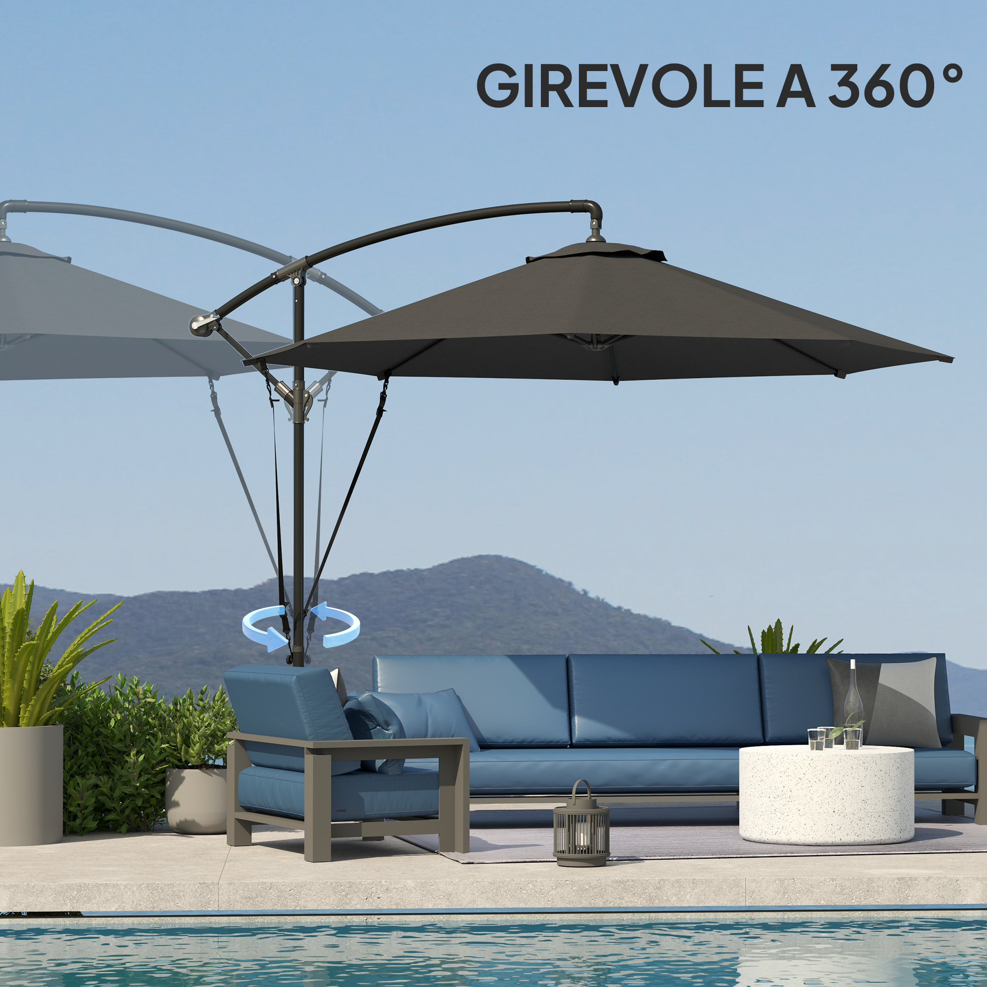 Un ombrellone girevole a 360° sopra un divano e una poltrona blu vicino a una piscina.