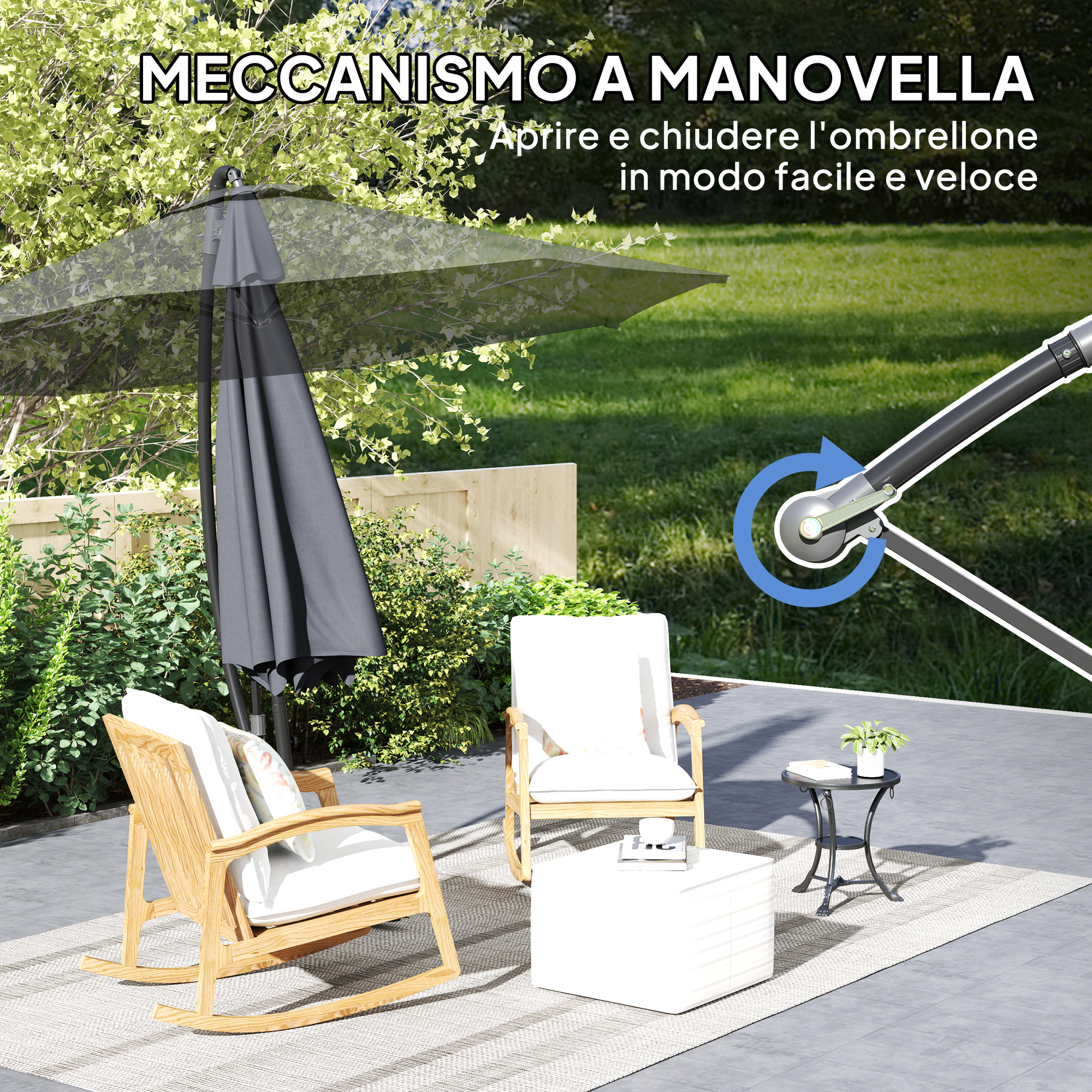 Un ombrellone chiuso su mobili da giardino, con meccanismo a manovella in primo piano.