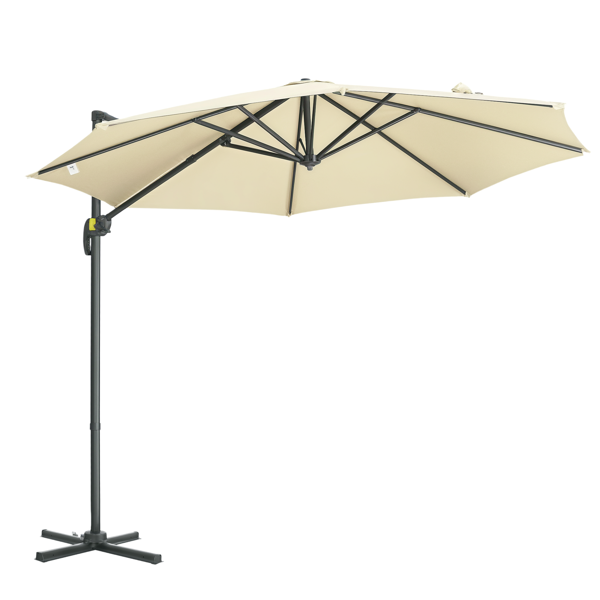 Ombrellone a sbalzo beige con struttura in metallo nero e base a croce. Autoportante.