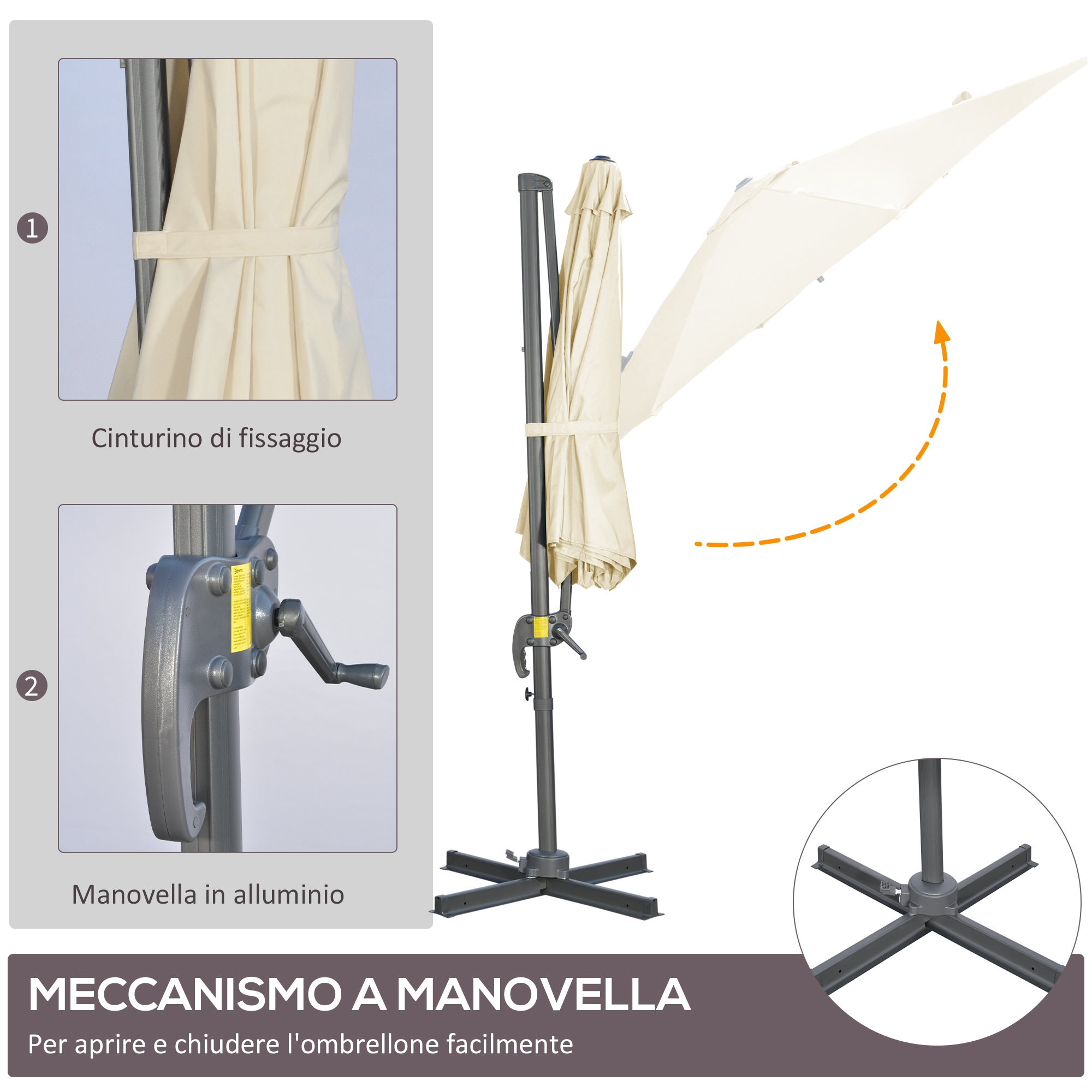 Un ombrellone da esterno color crema con meccanismo a manovella e manovella in alluminio.