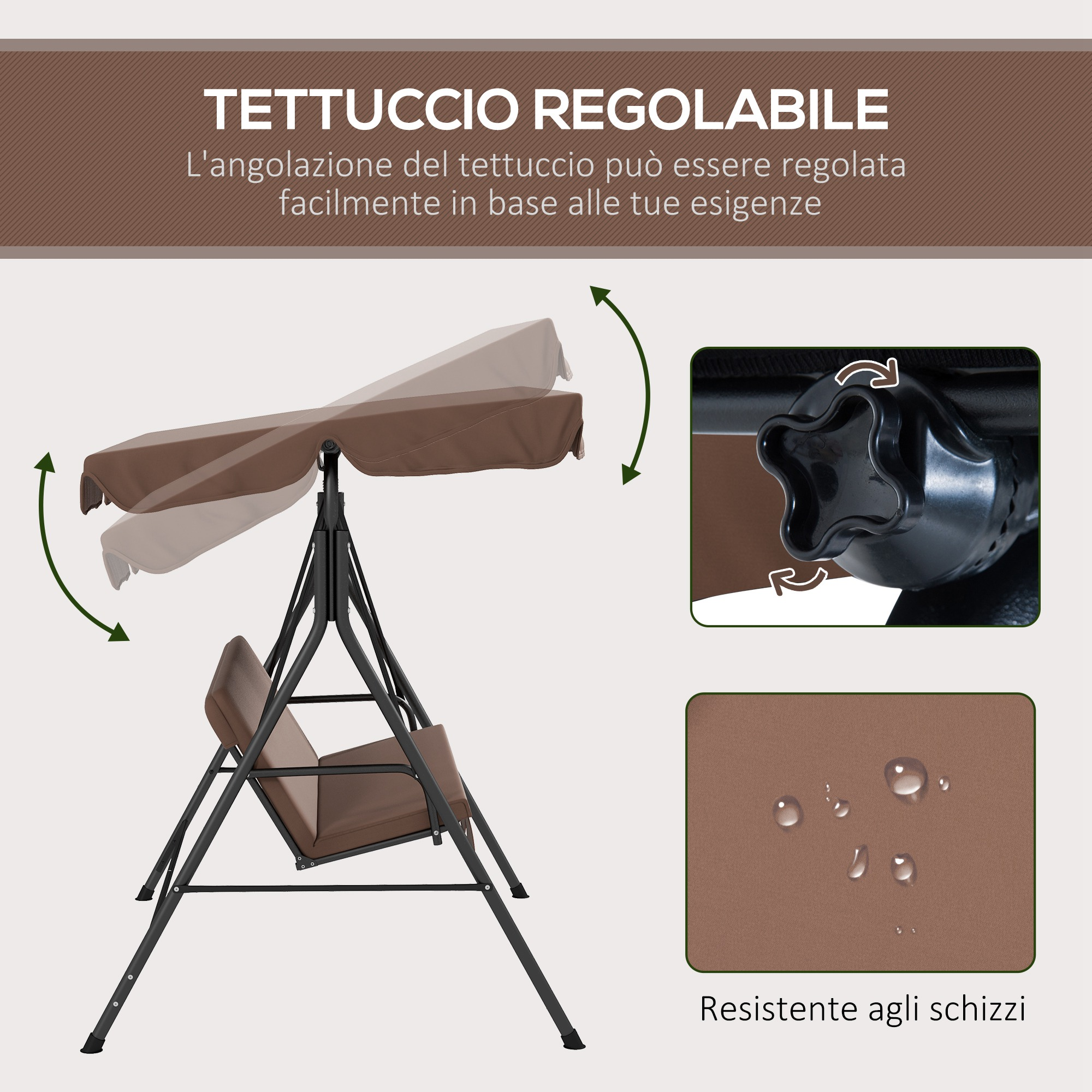 Tettuccio regolabile su un'altalena marrone. Dettagli del meccanismo e gocce d'acqua sul tessuto.