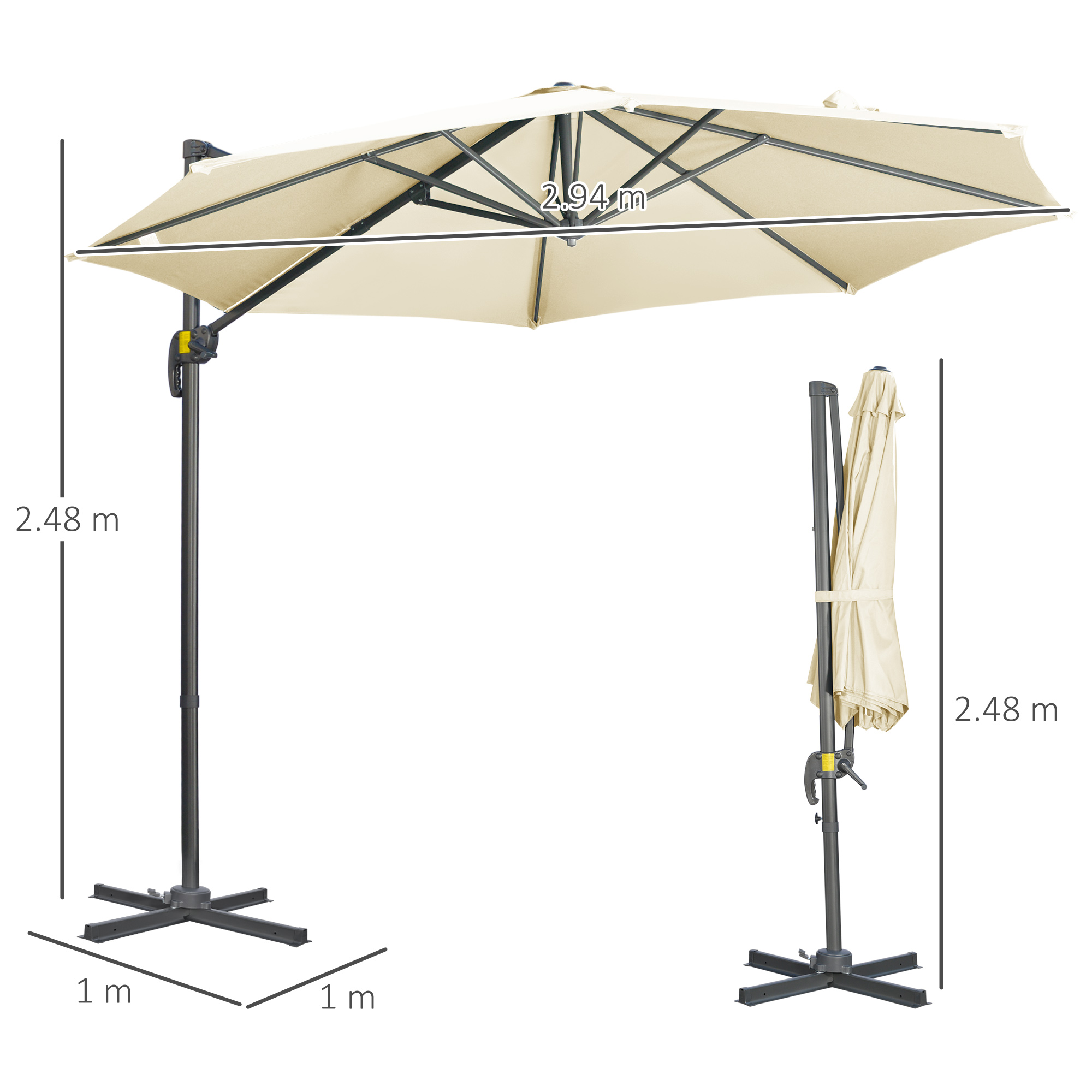 Un ombrellone beige aperto e chiuso con dimensioni.