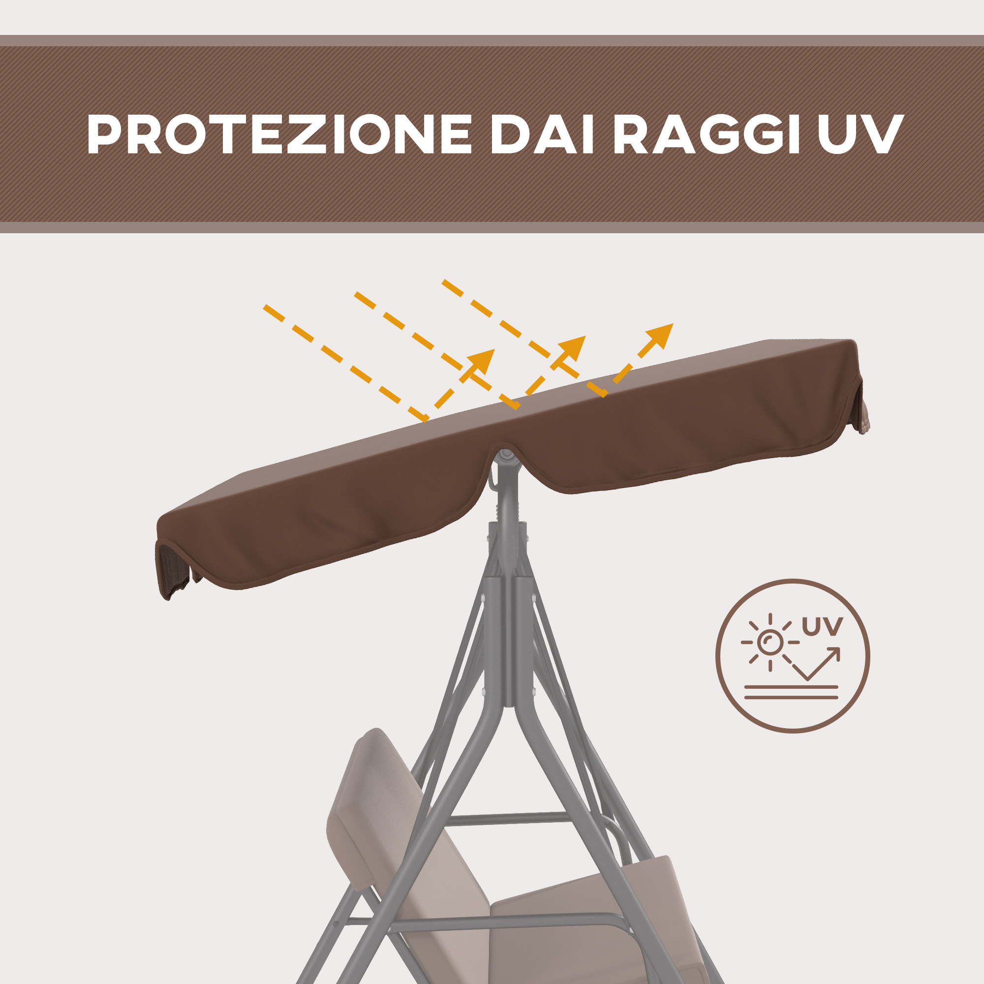 Tenda marrone per altalena con simbolo di protezione UV e frecce che indicano raggi UV.